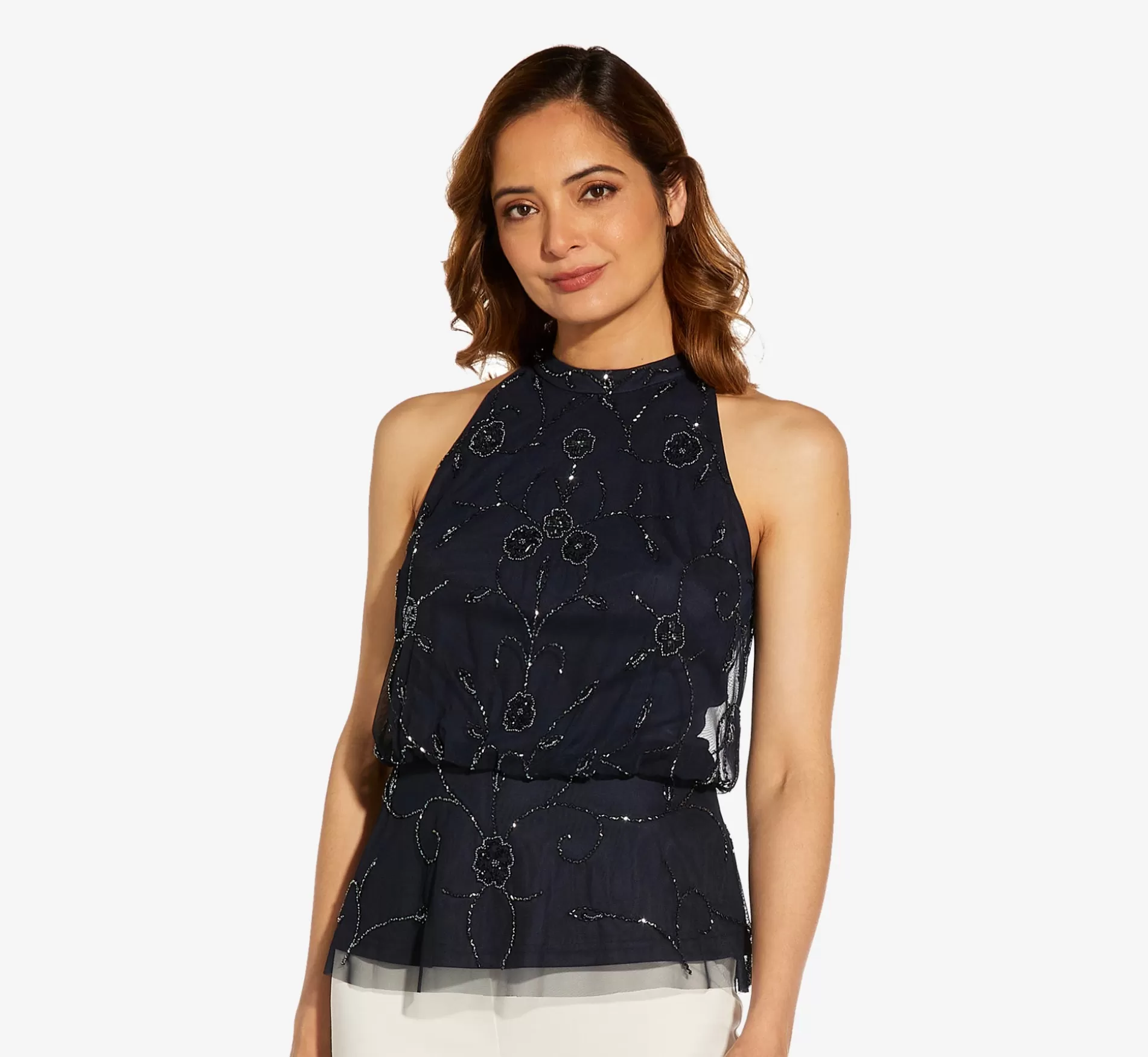 New Hand-Beaded Blouson Halter Top In Midnight Beaded | Separates