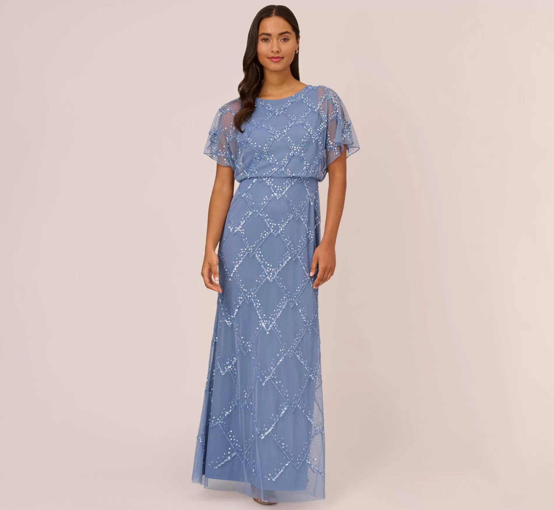 Best Hand-Beaded Blouson Long Gown With Flutter Sleeves In French Blue Beaded | Black Tie