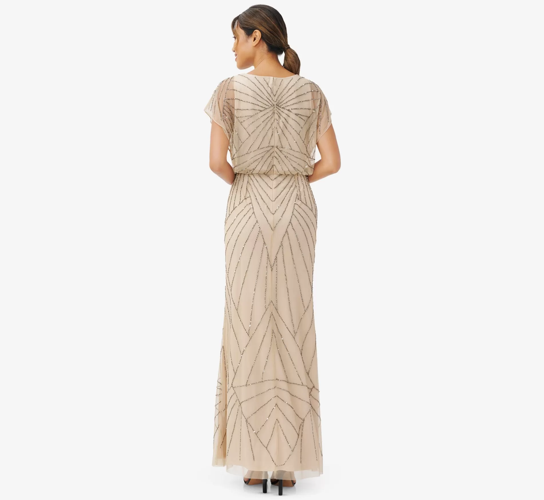 Flash Sale Hand-Beaded Blouson Long Gown With Flutter Sleeves In Nude Long Dresses | Beaded