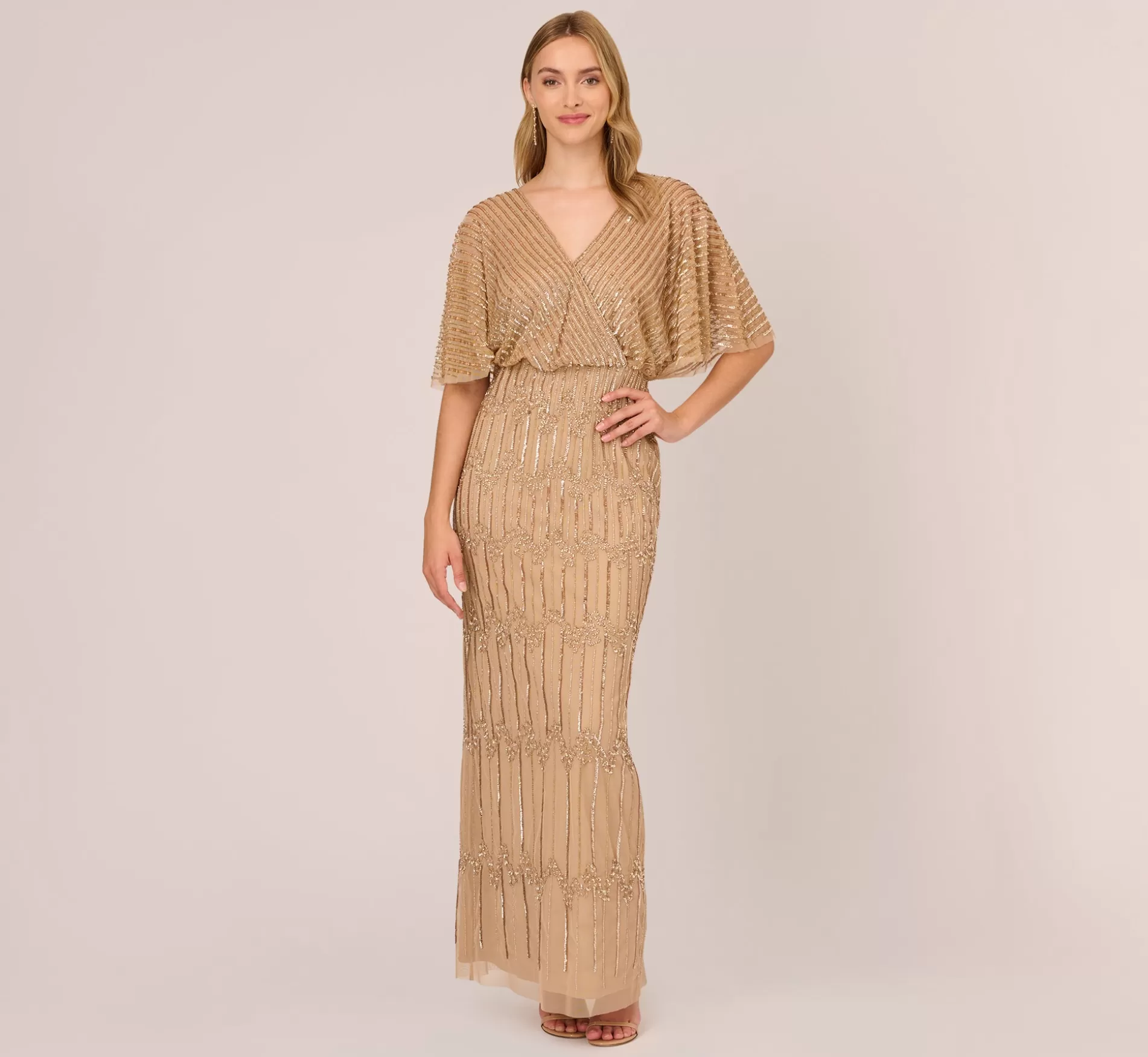 Store Hand-Beaded Illusion Long Column Blouson Gown In Champagne Gold Beaded | Black Tie