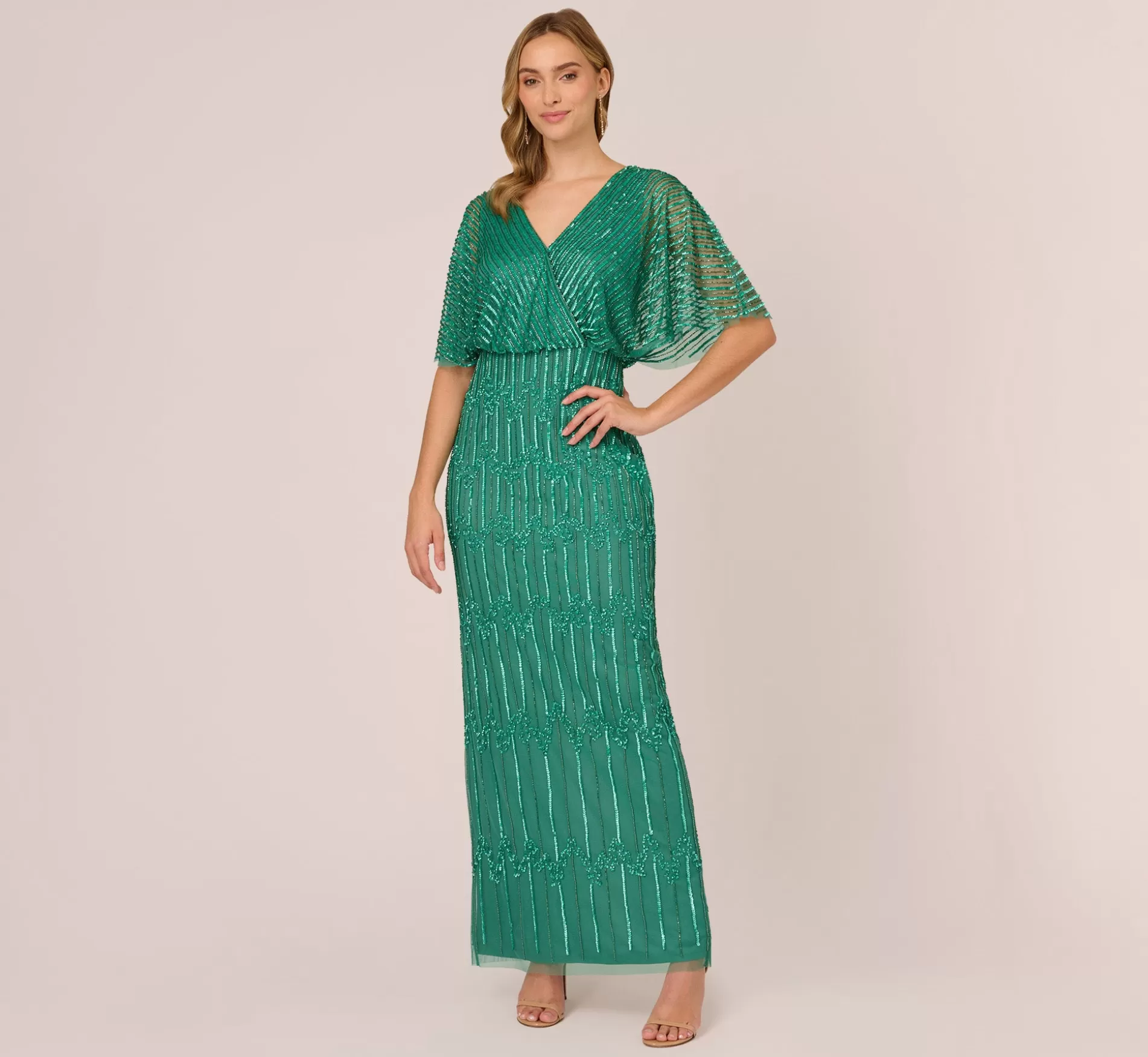 Shop Hand-Beaded Illusion Long Column Blouson Gown In Jungle Green Beaded | Black Tie