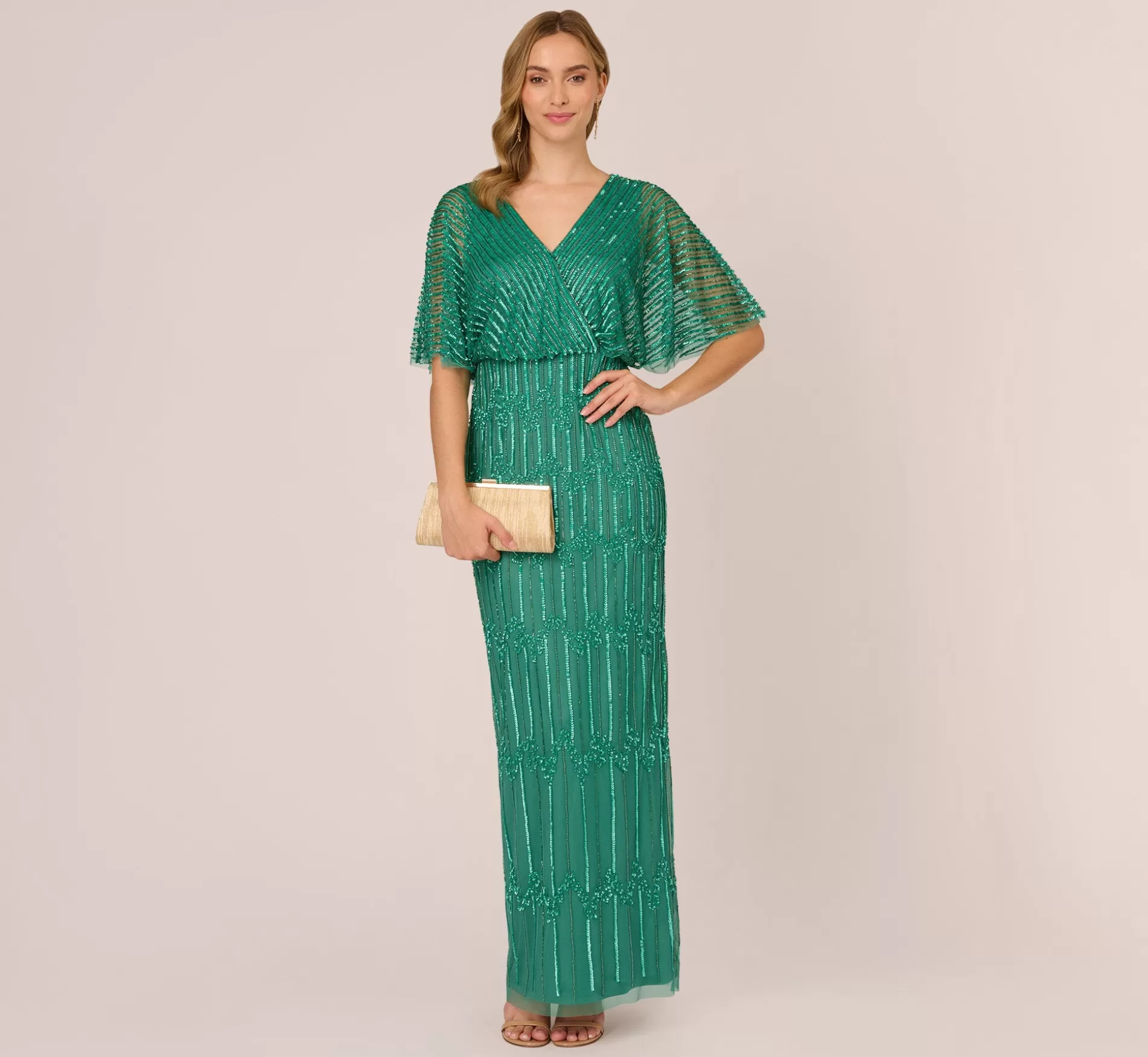 Shop Hand-Beaded Illusion Long Column Blouson Gown In Jungle Green Beaded | Black Tie