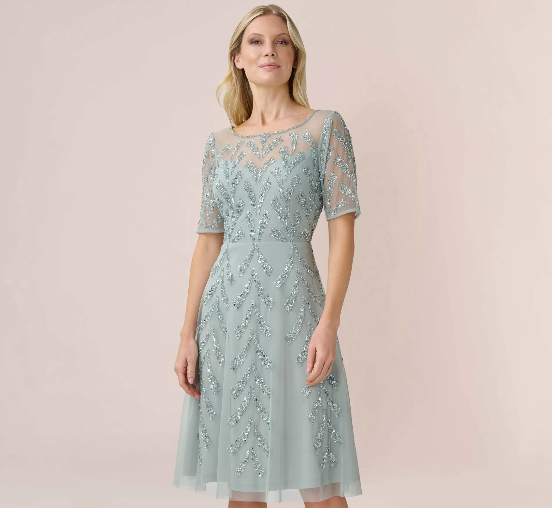 Best Hand-Beaded Illusion Midi-Length Fit-And-Flare Cocktail Dress In Frosted Sage Cocktail | Midi Dresses