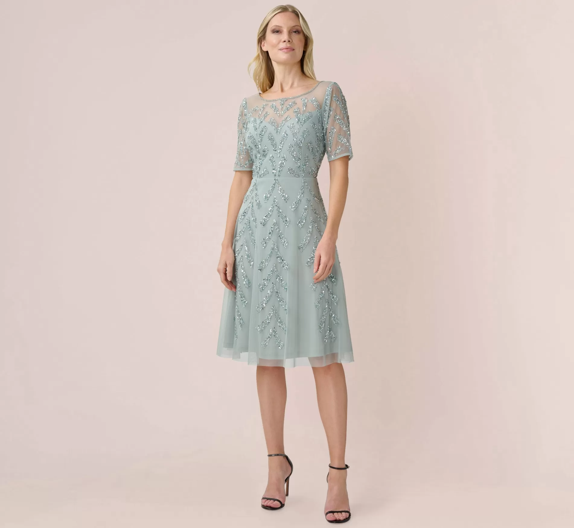 Best Hand-Beaded Illusion Midi-Length Fit-And-Flare Cocktail Dress In Frosted Sage Cocktail | Midi Dresses