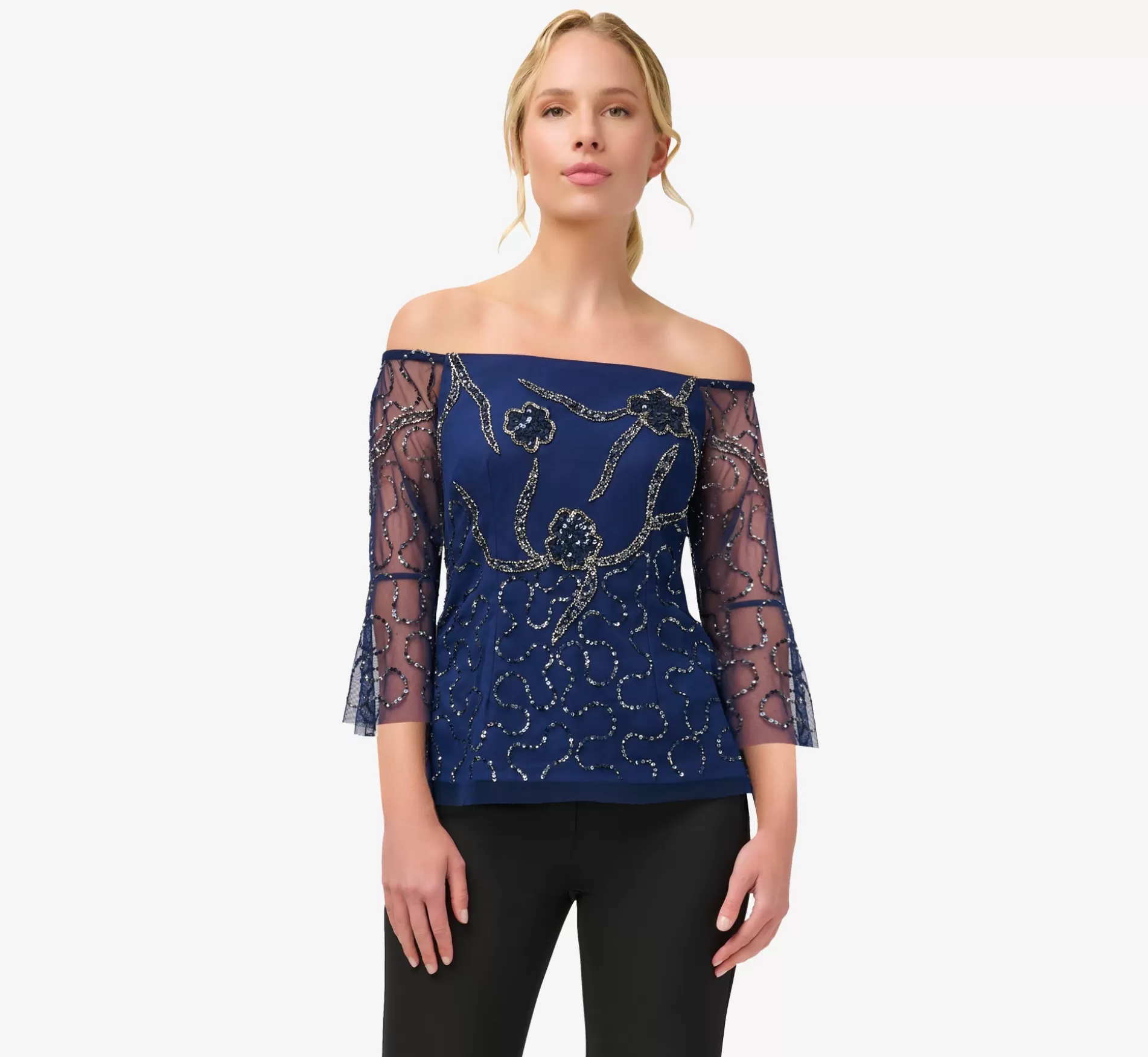 Outlet Hand-Beaded Illusion Off-The-Shoulder Top In Light Navy Beaded | Separates