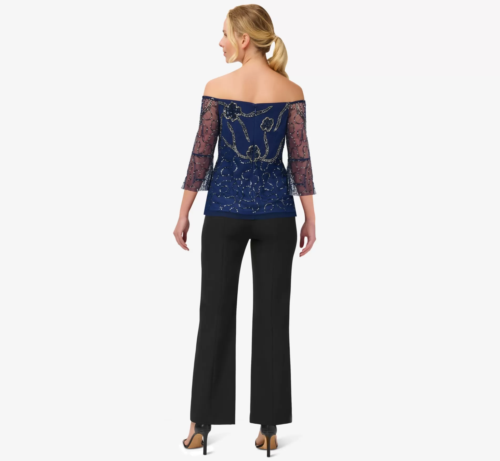 Outlet Hand-Beaded Illusion Off-The-Shoulder Top In Light Navy Beaded | Separates