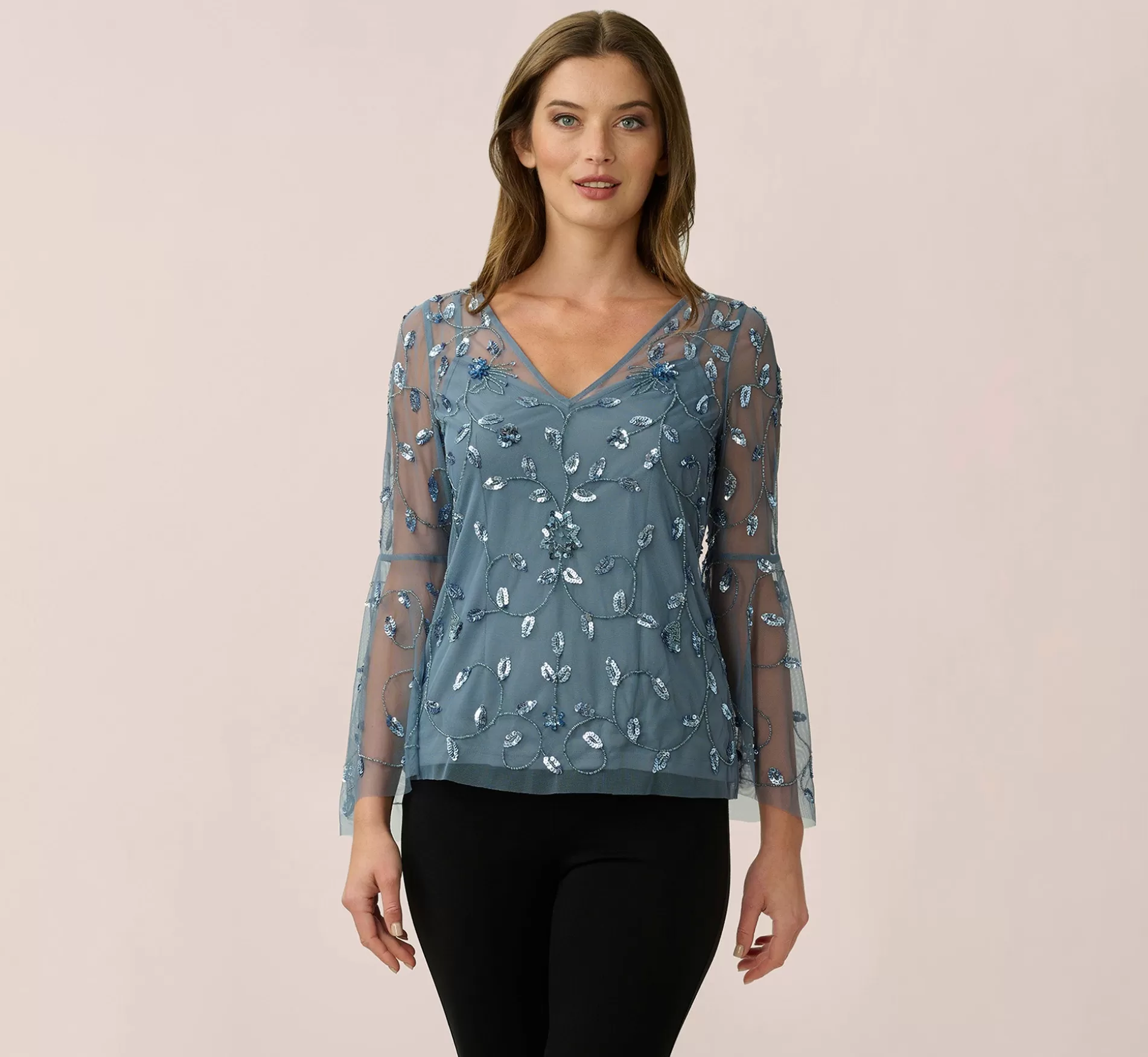 Cheap Hand-Beaded Illusion Top In Dusty Blue Beaded | Separates