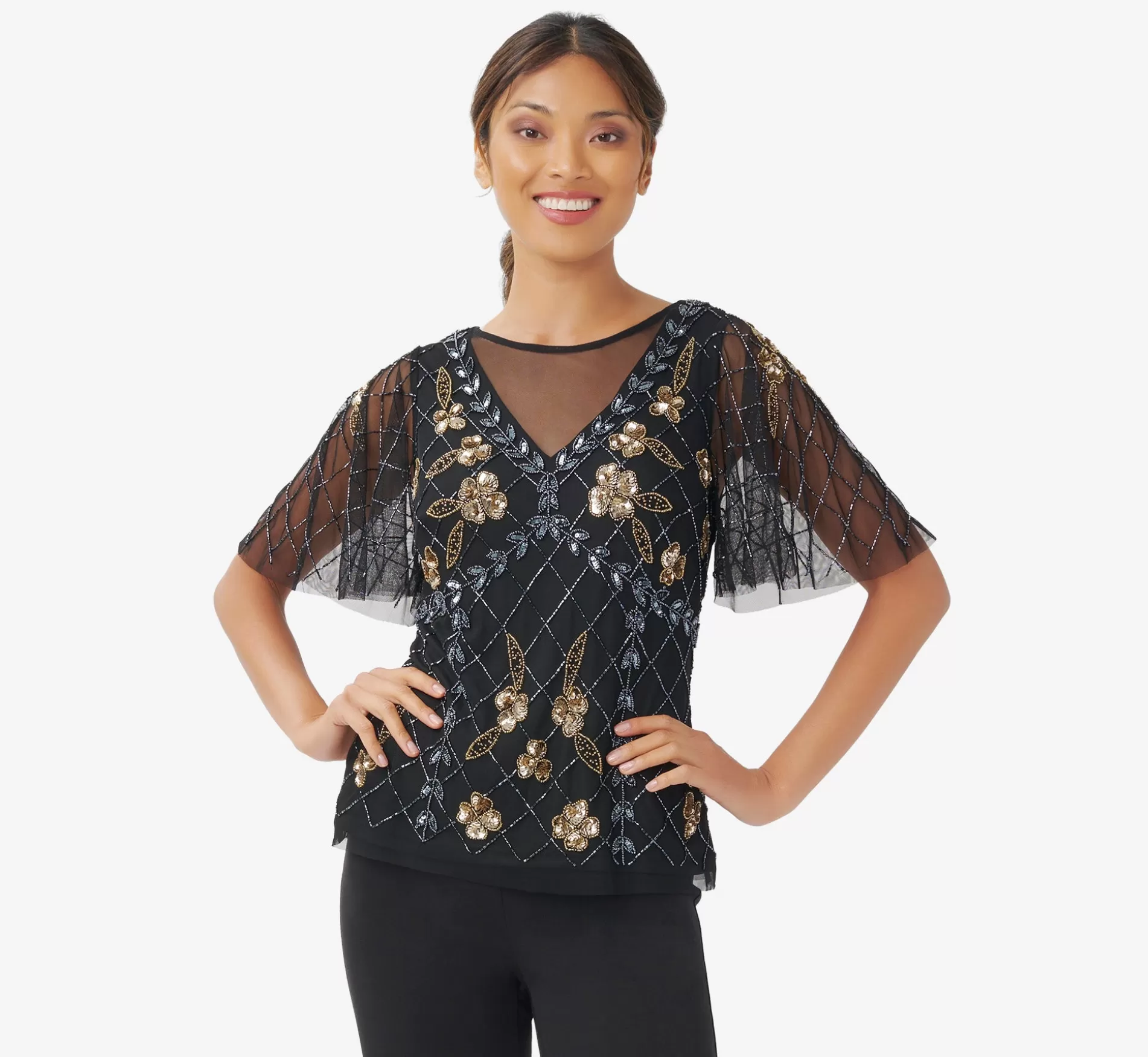 Shop Hand-Beaded Illusion Top With Flutter Sleeves In Black Gold Beaded | Separates