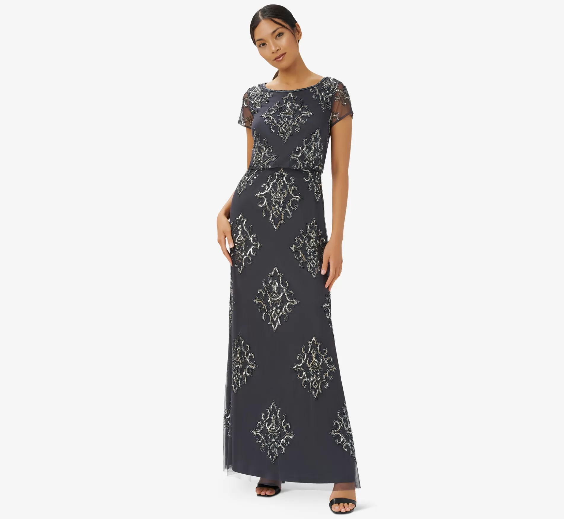 Cheap Hand-Beaded Long Blouson Gown In Gunmetal Long Dresses | Beaded