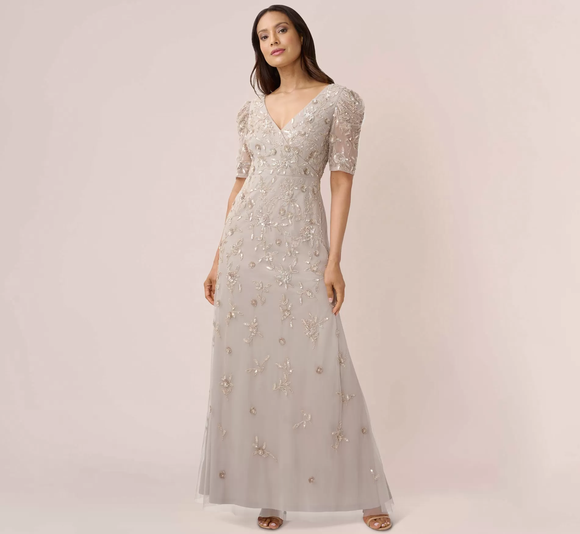 Best Hand-Beaded Long Gown With Elbow Sleeves In Marble Long Dresses | Beaded