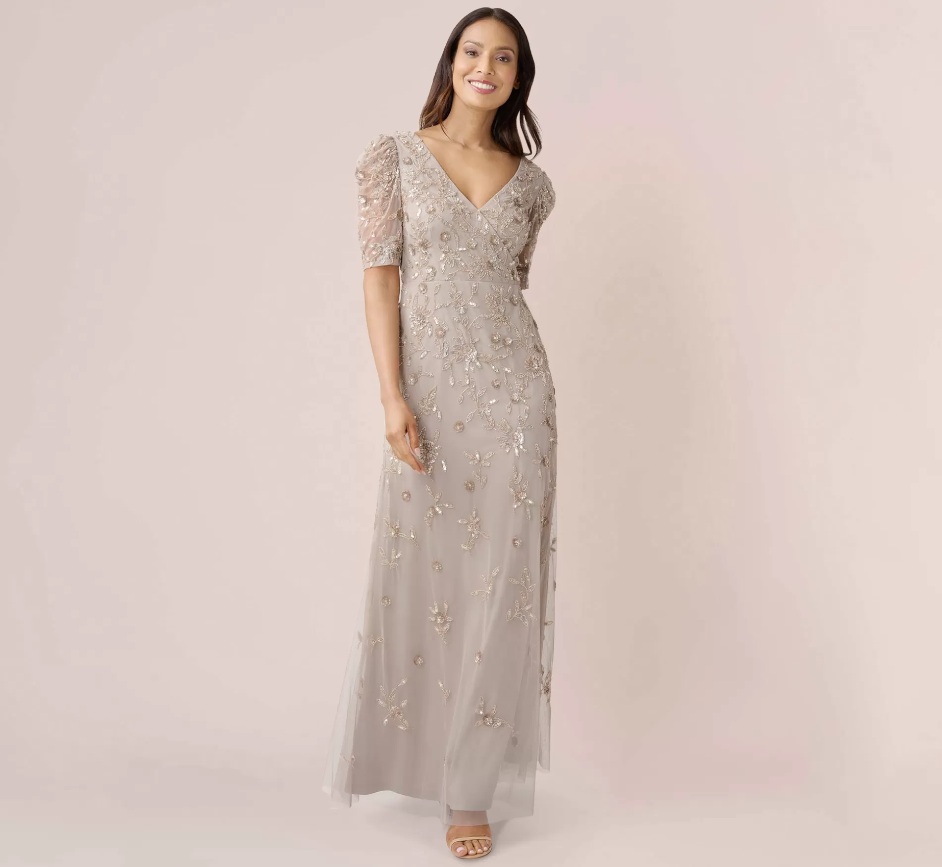 Best Hand-Beaded Long Gown With Elbow Sleeves In Marble Long Dresses | Beaded