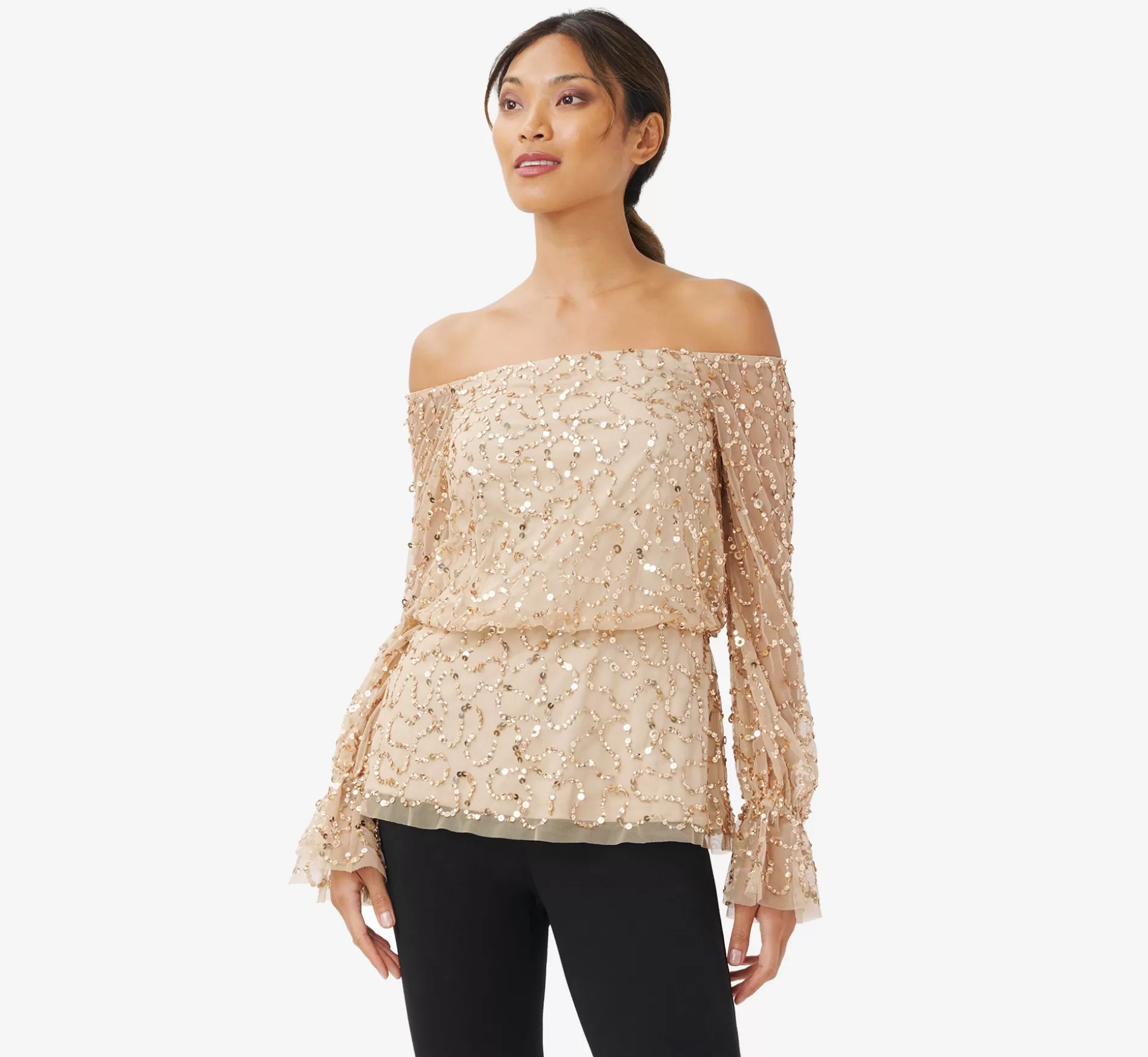 Store Hand-Beaded Off-The-Shoulder Blouson Top In Champagne Gold Beaded | Separates