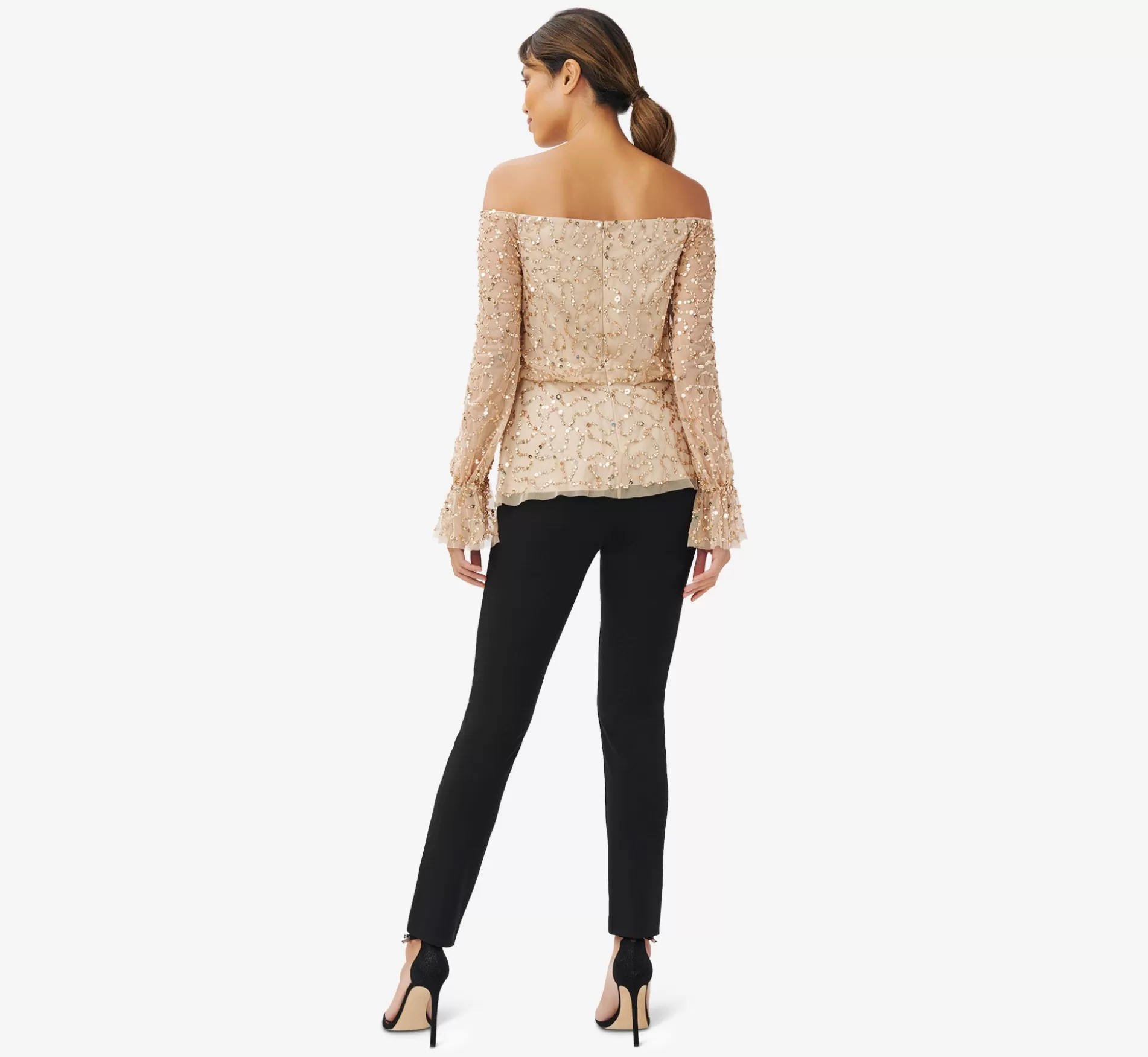 Store Hand-Beaded Off-The-Shoulder Blouson Top In Champagne Gold Beaded | Separates