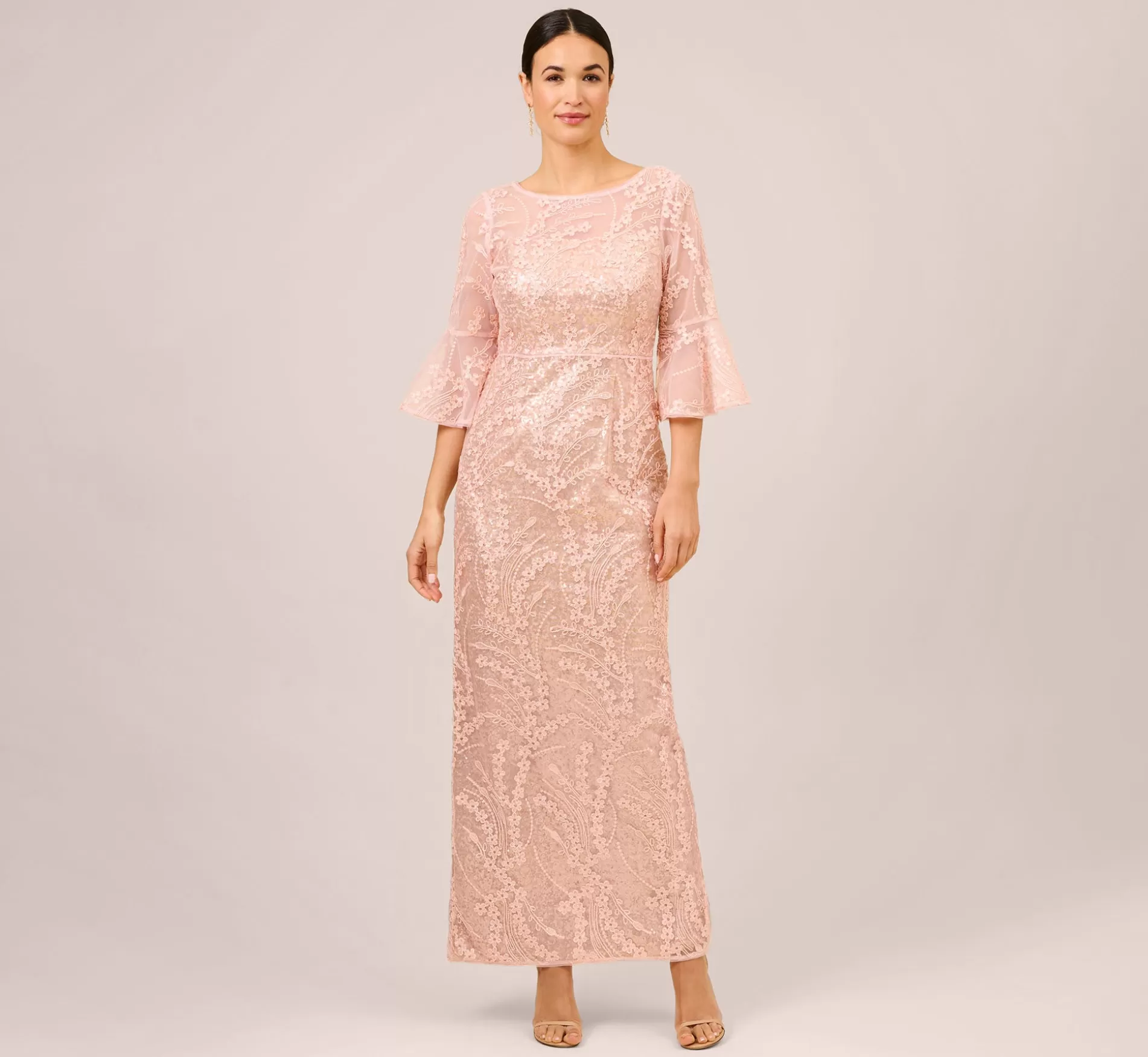 Discount Hand-Sequined And Embroidered Illusion Long Column Gown In Blush Pearl Long Dresses | Long Dresses
