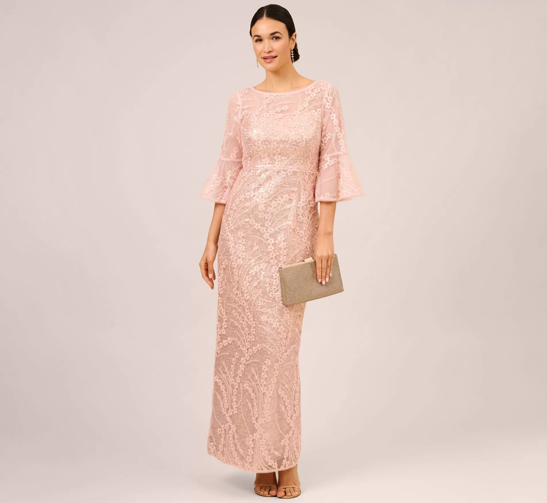 Discount Hand-Sequined And Embroidered Illusion Long Column Gown In Blush Pearl Long Dresses | Long Dresses
