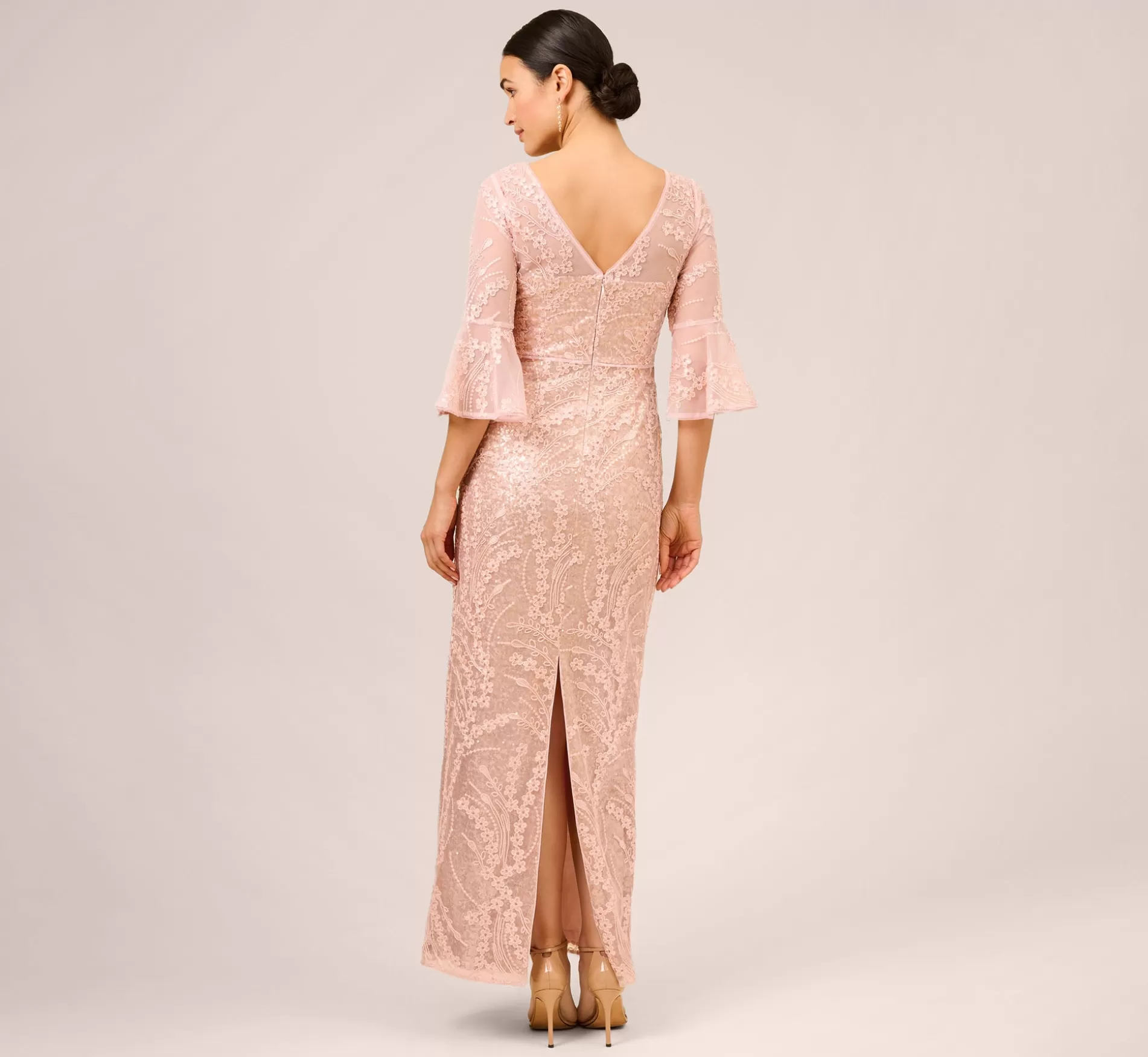Discount Hand-Sequined And Embroidered Illusion Long Column Gown In Blush Pearl Long Dresses | Long Dresses