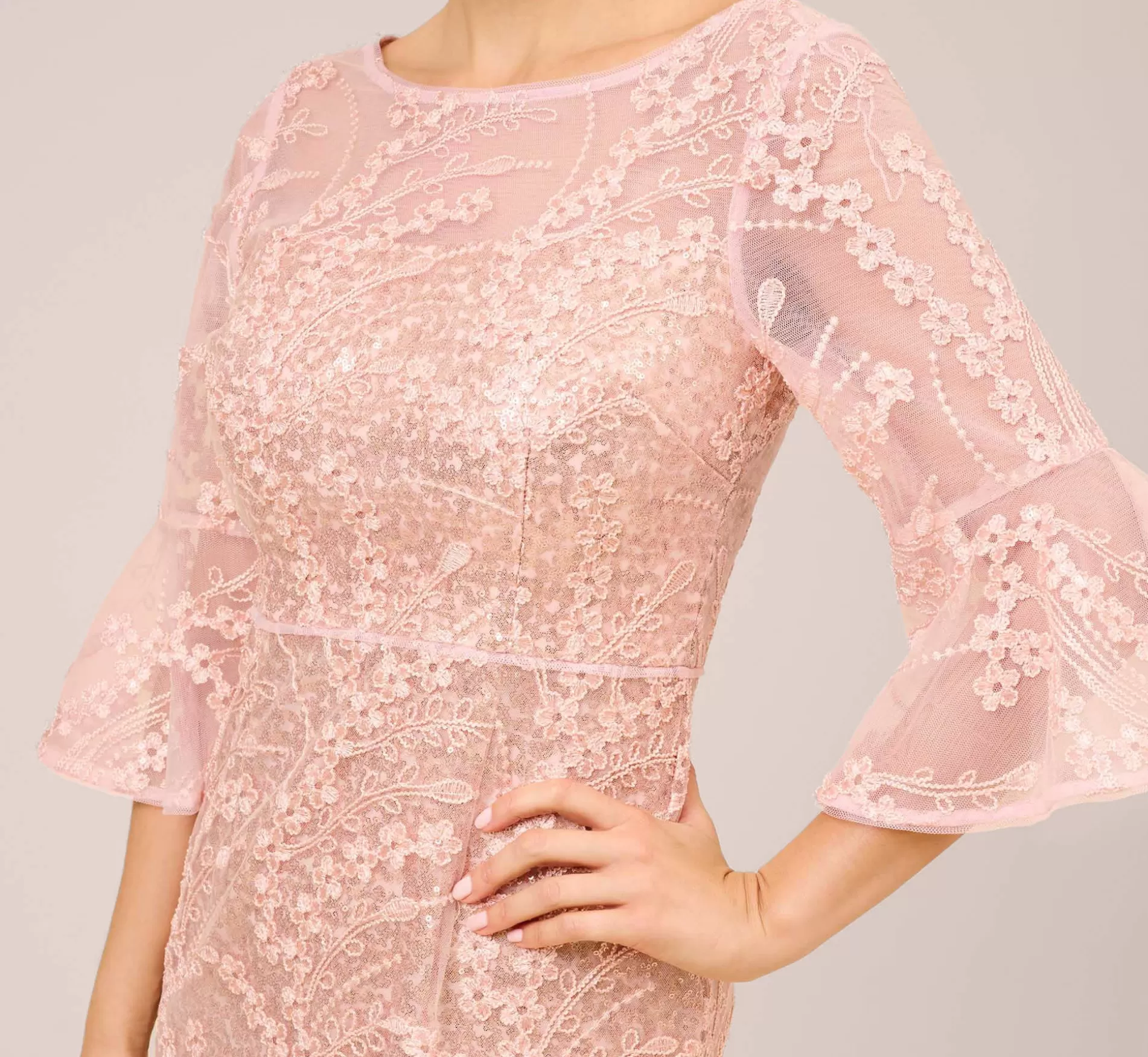 Discount Hand-Sequined And Embroidered Illusion Long Column Gown In Blush Pearl Long Dresses | Long Dresses