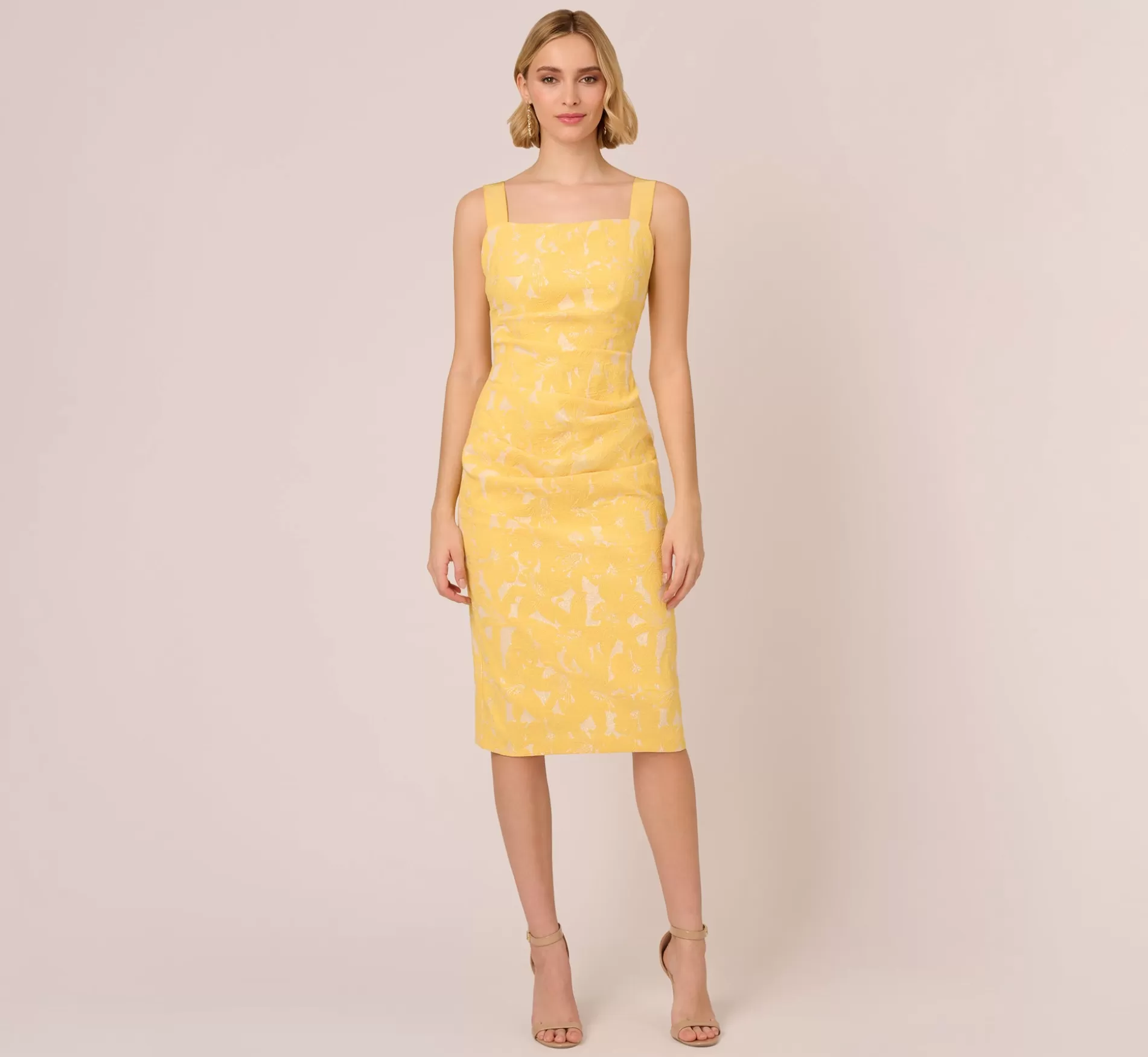 Fashion Hibiscus Jacquard Sheath Dress With Tucked Details In Sun Formal | Floral