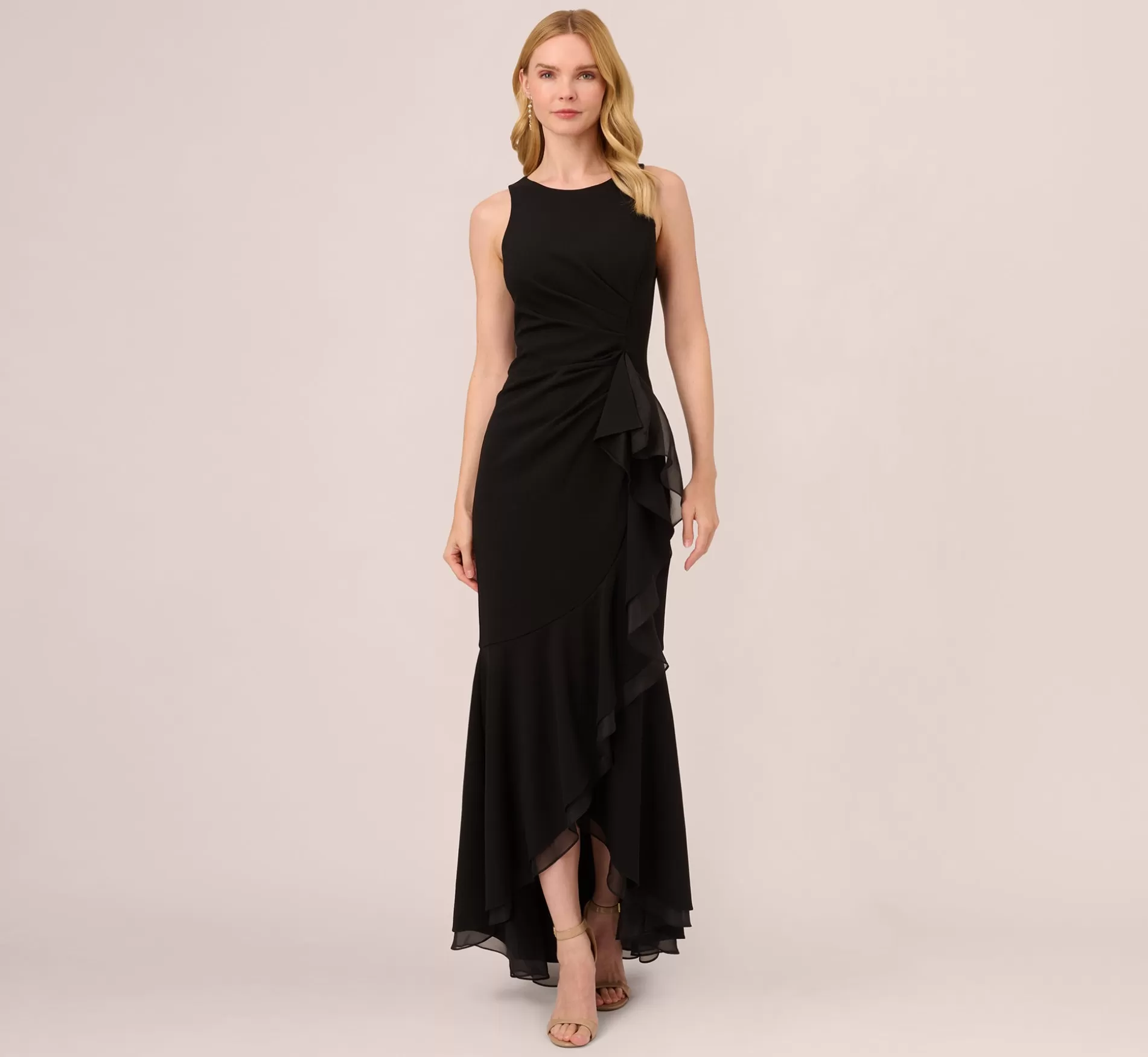 Flash Sale High Low Crepe Halter Gown With Organza Draping In Black Long Dresses | Best Sellers