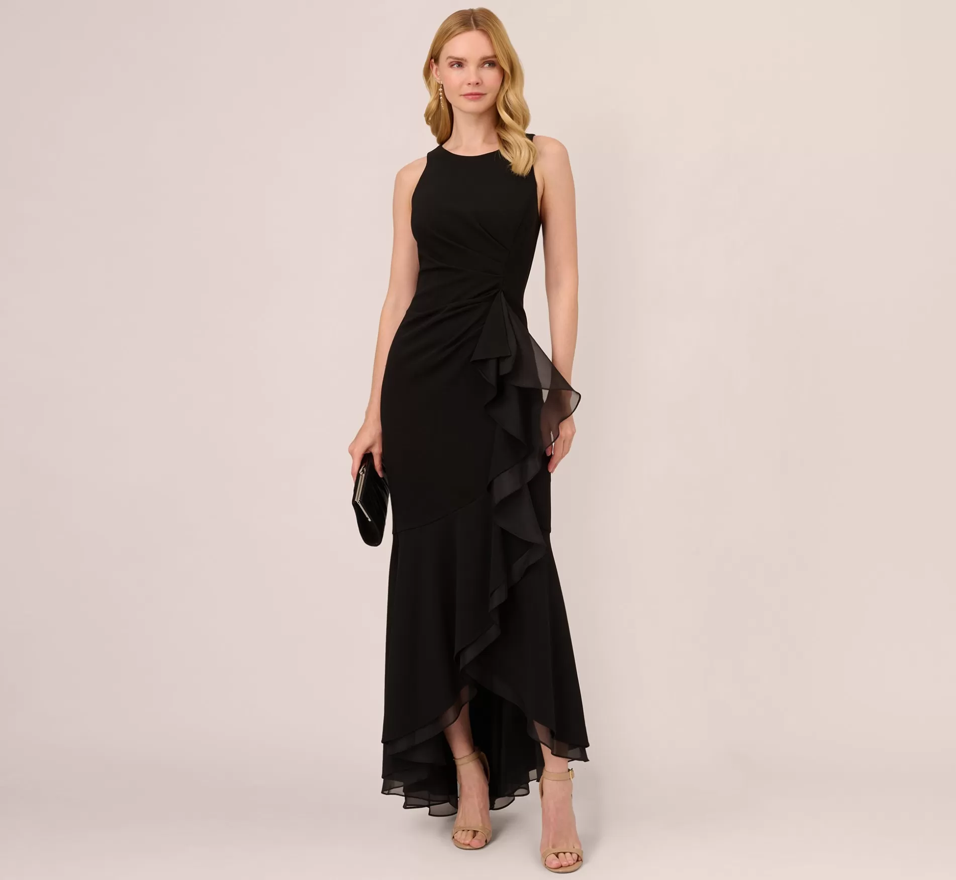 Flash Sale High Low Crepe Halter Gown With Organza Draping In Black Long Dresses | Best Sellers