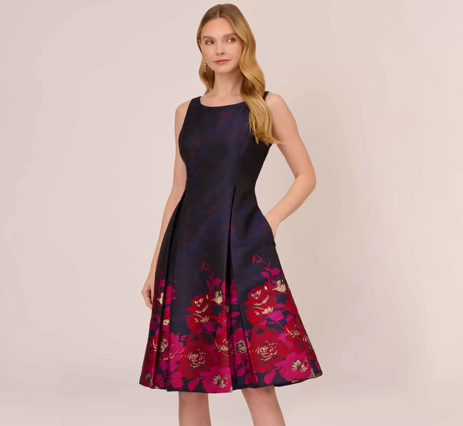 Clearance Jacquard Midi Dress With Metallic Floral Trim In Navy Pink Multi Floral | Floral