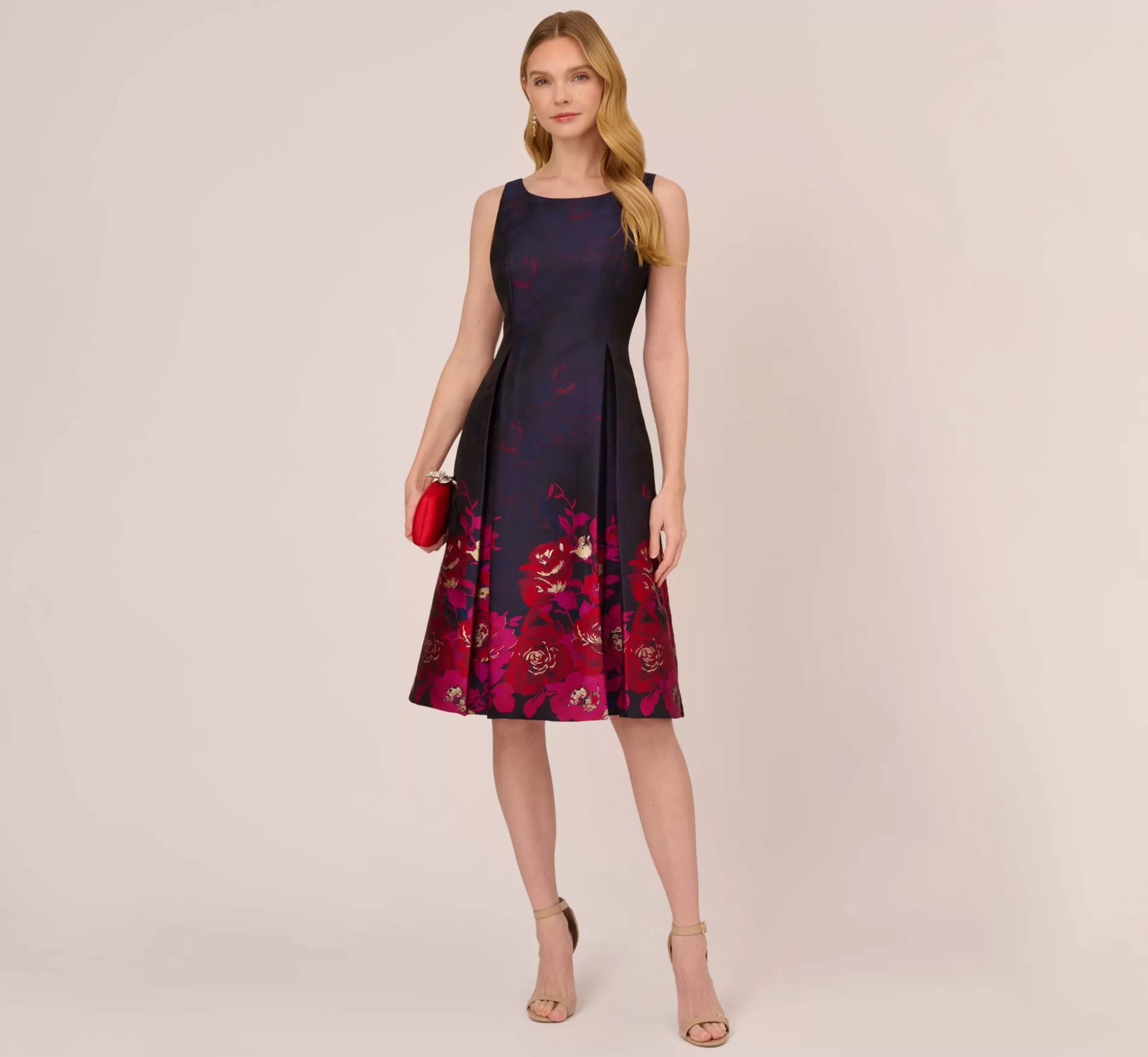 Clearance Jacquard Midi Dress With Metallic Floral Trim In Navy Pink Multi Floral | Floral