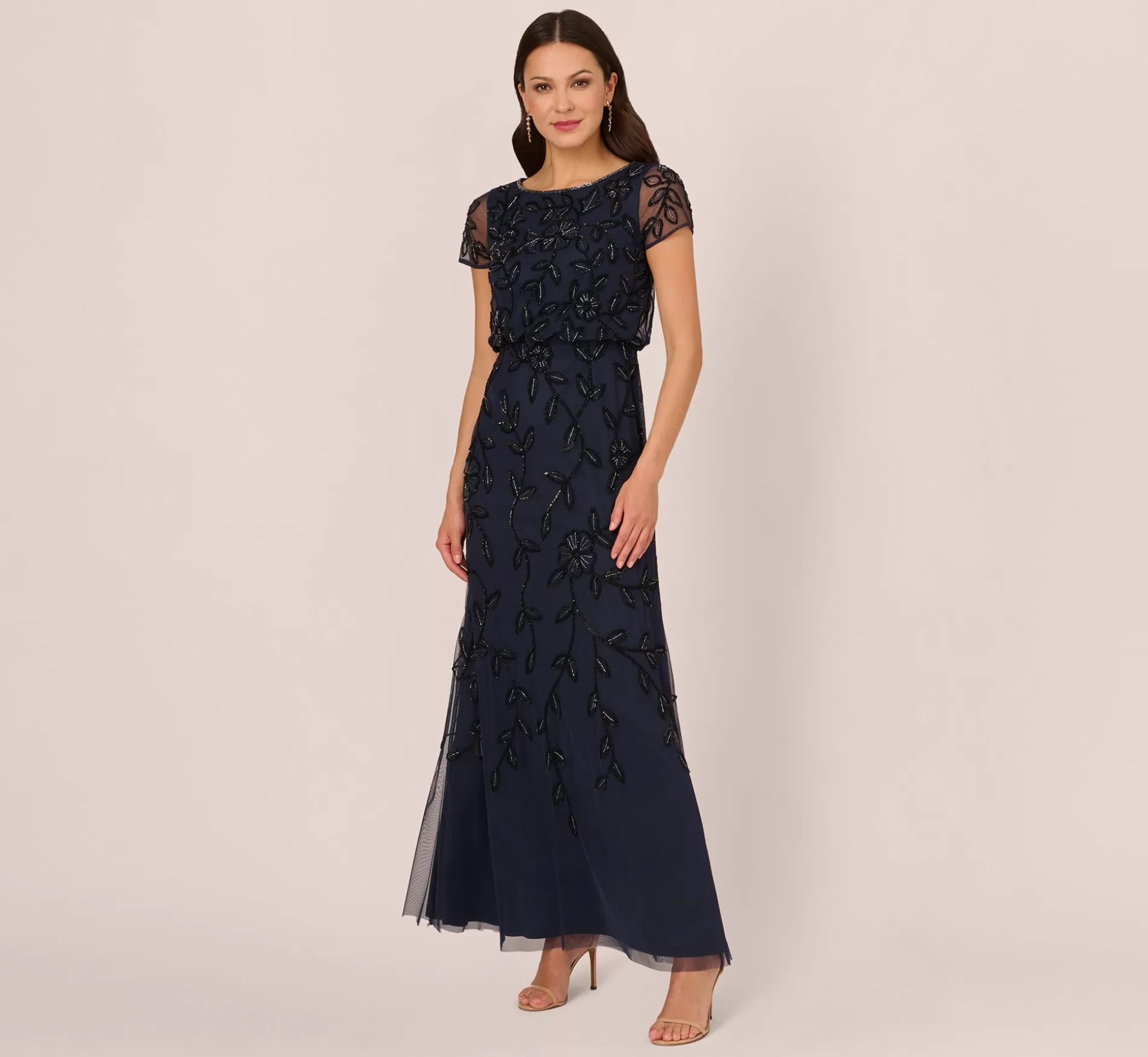 Cheap Jasmine Beaded Blouson Gown With Sheer Short Sleeves In Navy Black Beaded | Black Tie