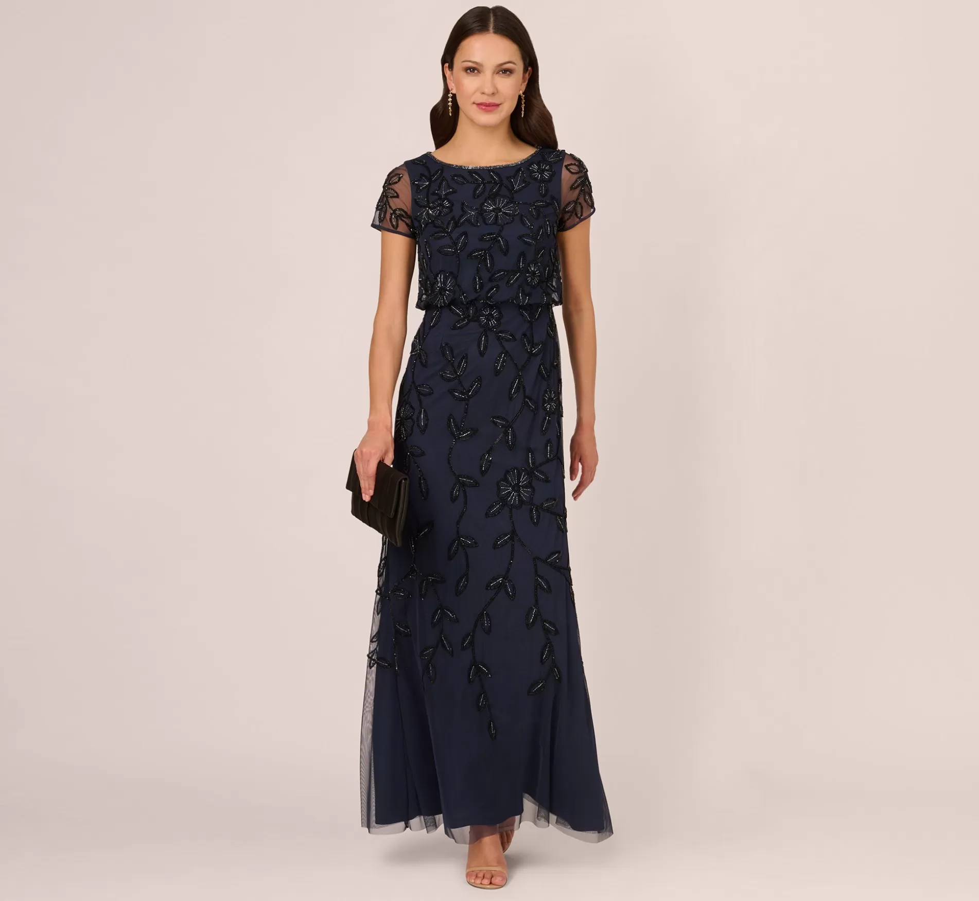 Cheap Jasmine Beaded Blouson Gown With Sheer Short Sleeves In Navy Black Beaded | Black Tie