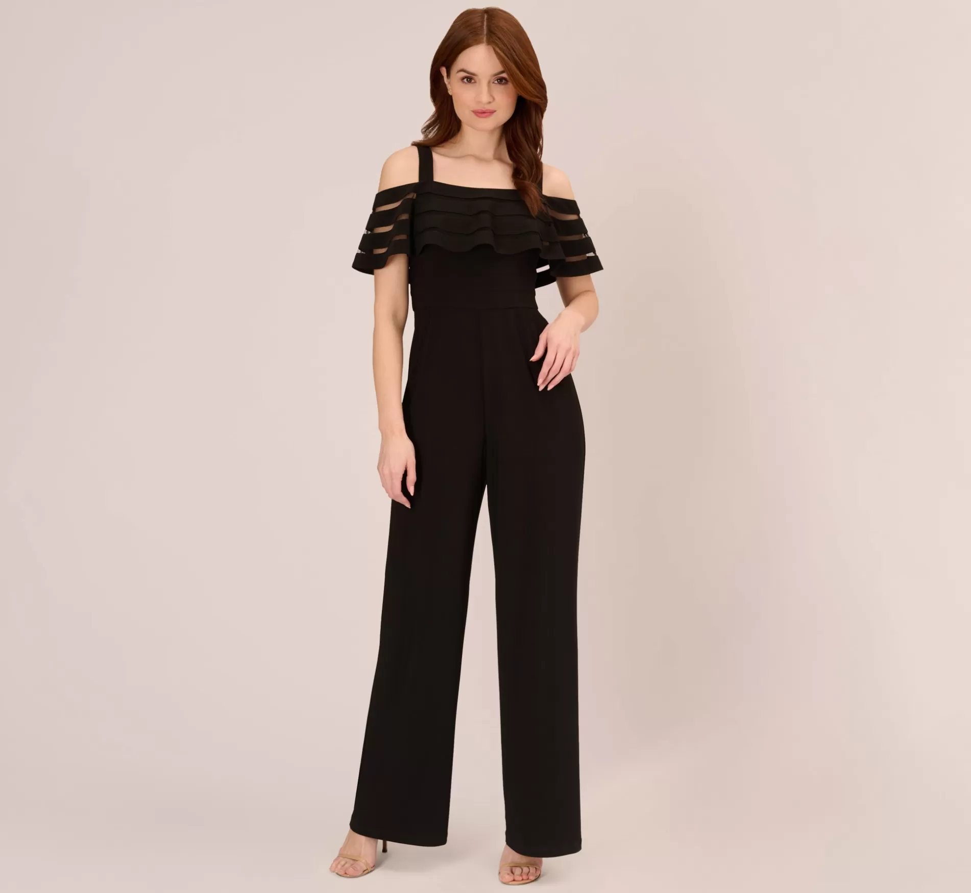 Online Jersey Banded Ruffled Jumpsuit With Cold Shoulder In Black Cocktail | Dresses with Sleeves