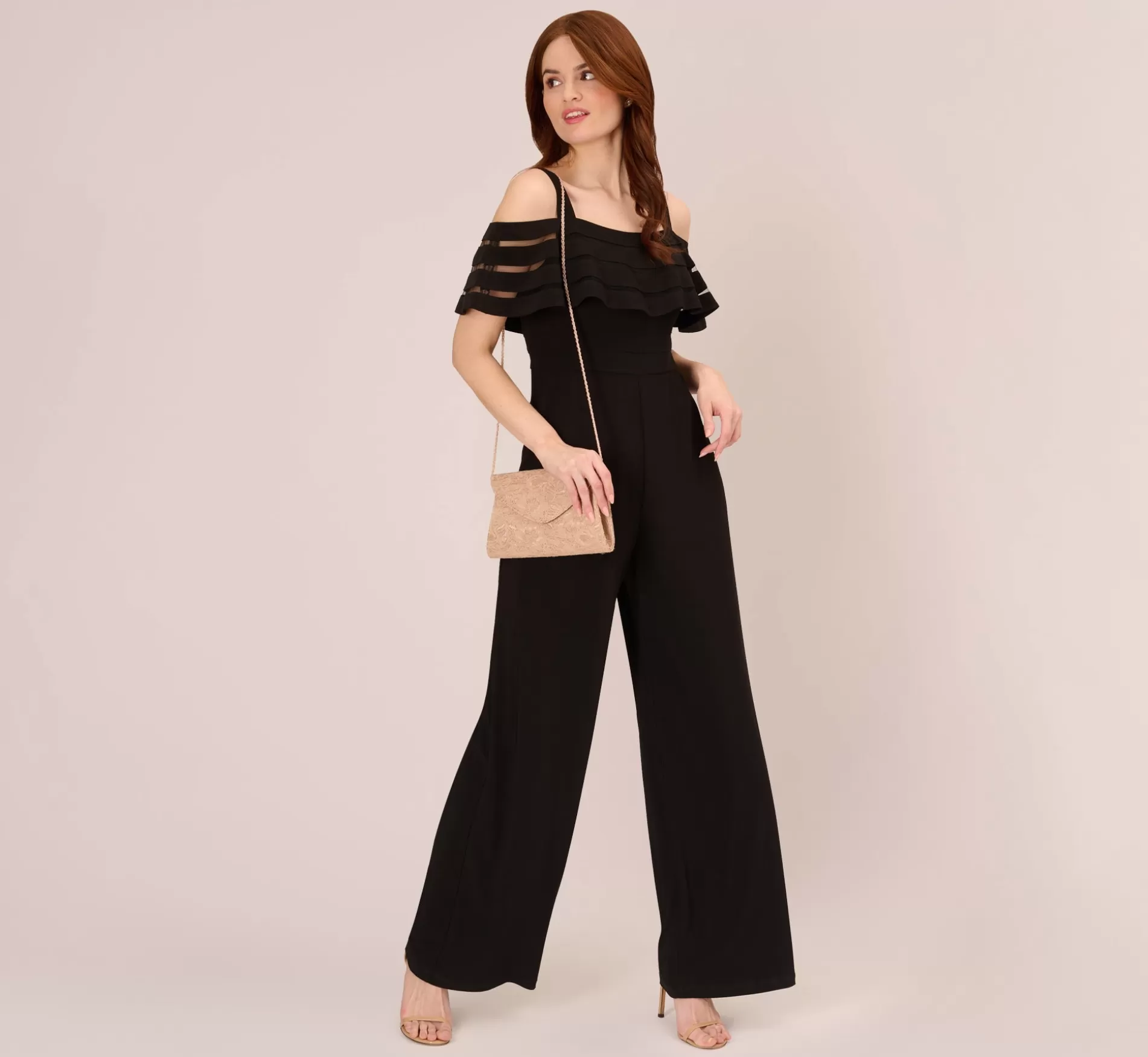 Online Jersey Banded Ruffled Jumpsuit With Cold Shoulder In Black Cocktail | Dresses with Sleeves