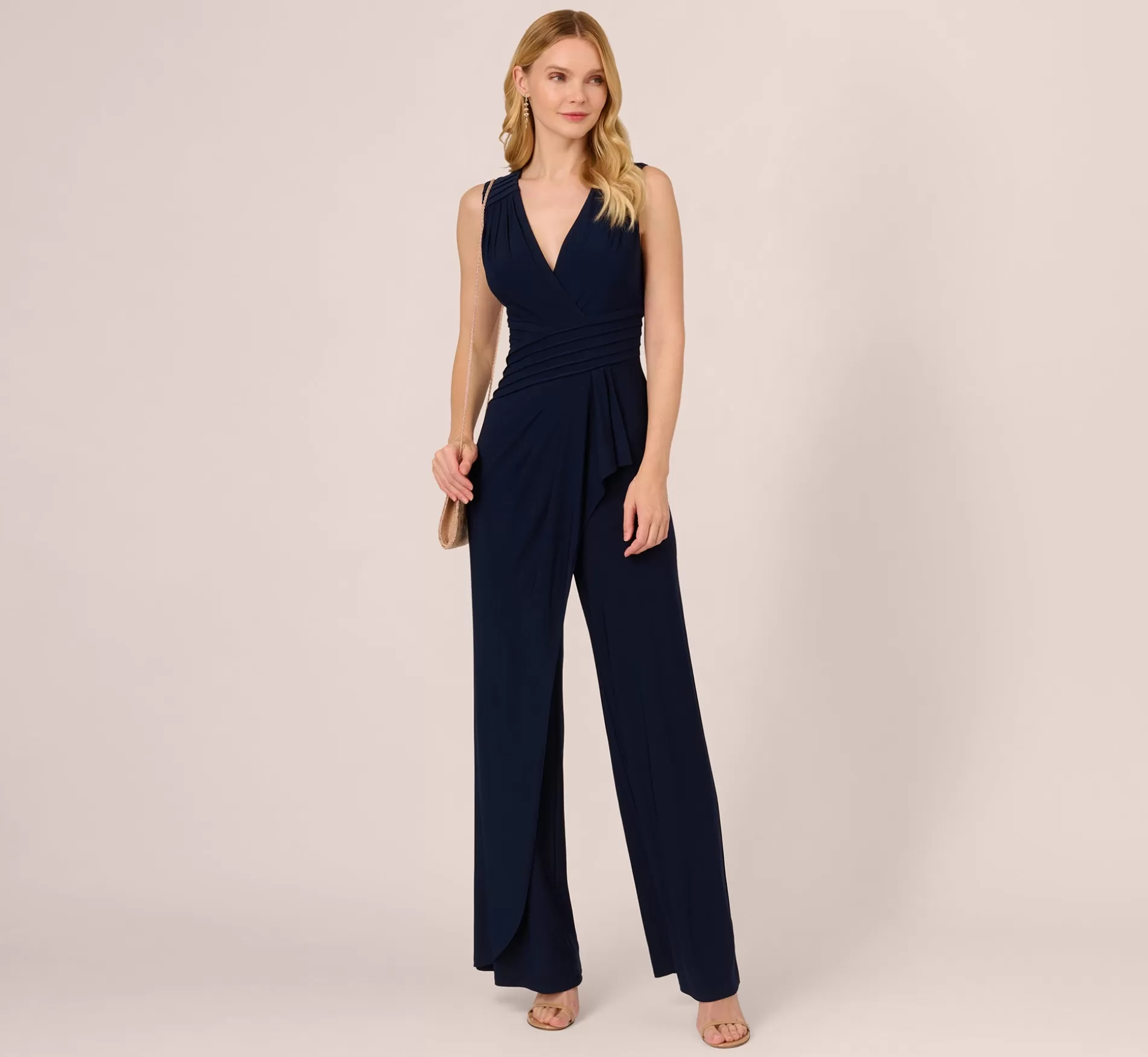 Shop Jersey Sleeveless Pintuck Jumpsuit With Wide Legs In Midnight Formal | Dresses with Sleeves