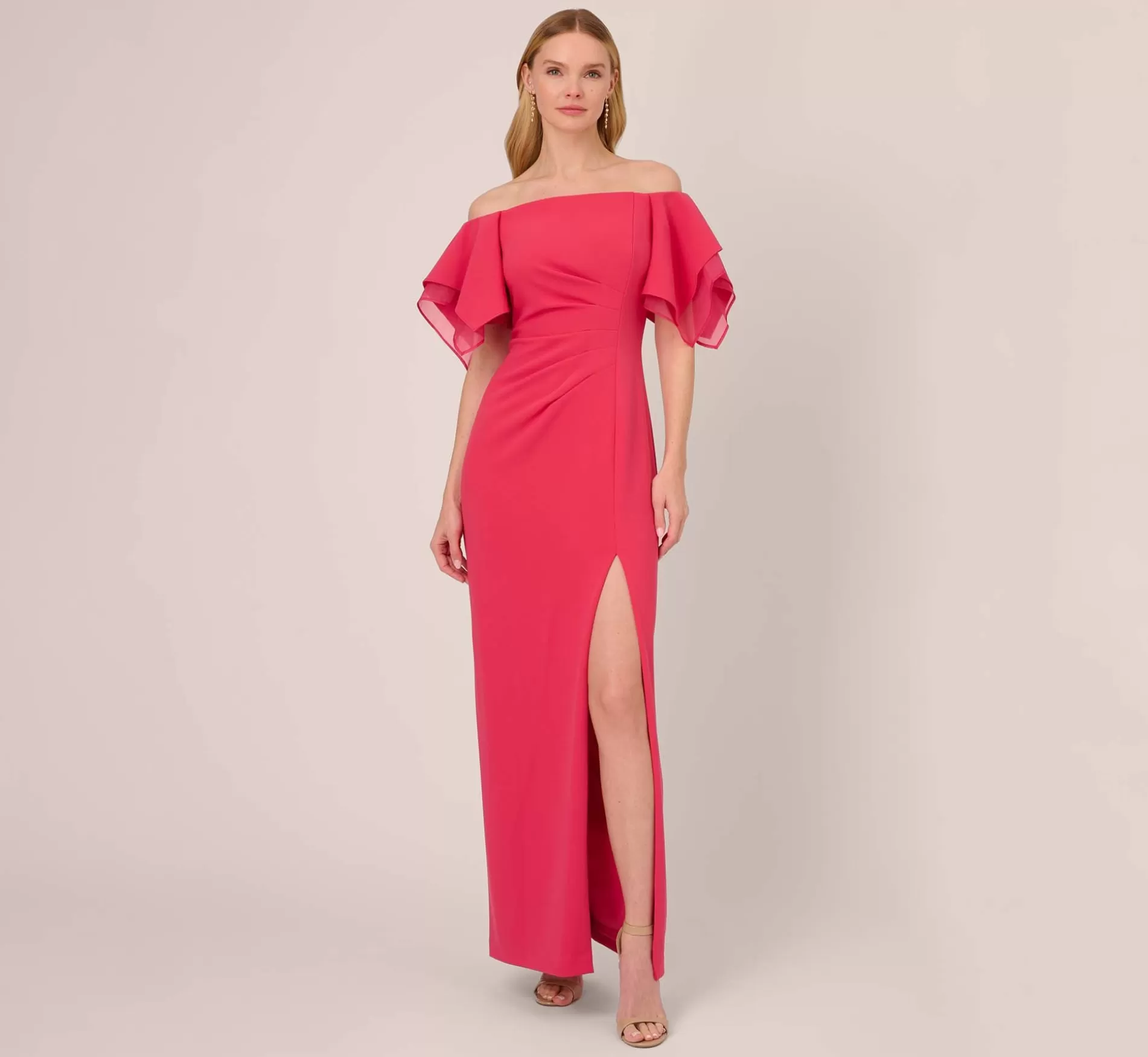 Cheap Knit Crepe And Organza Off The Shoulder Long Column Gown With Tiered Sleeves In Pink Lotus Long Dresses | Black Tie
