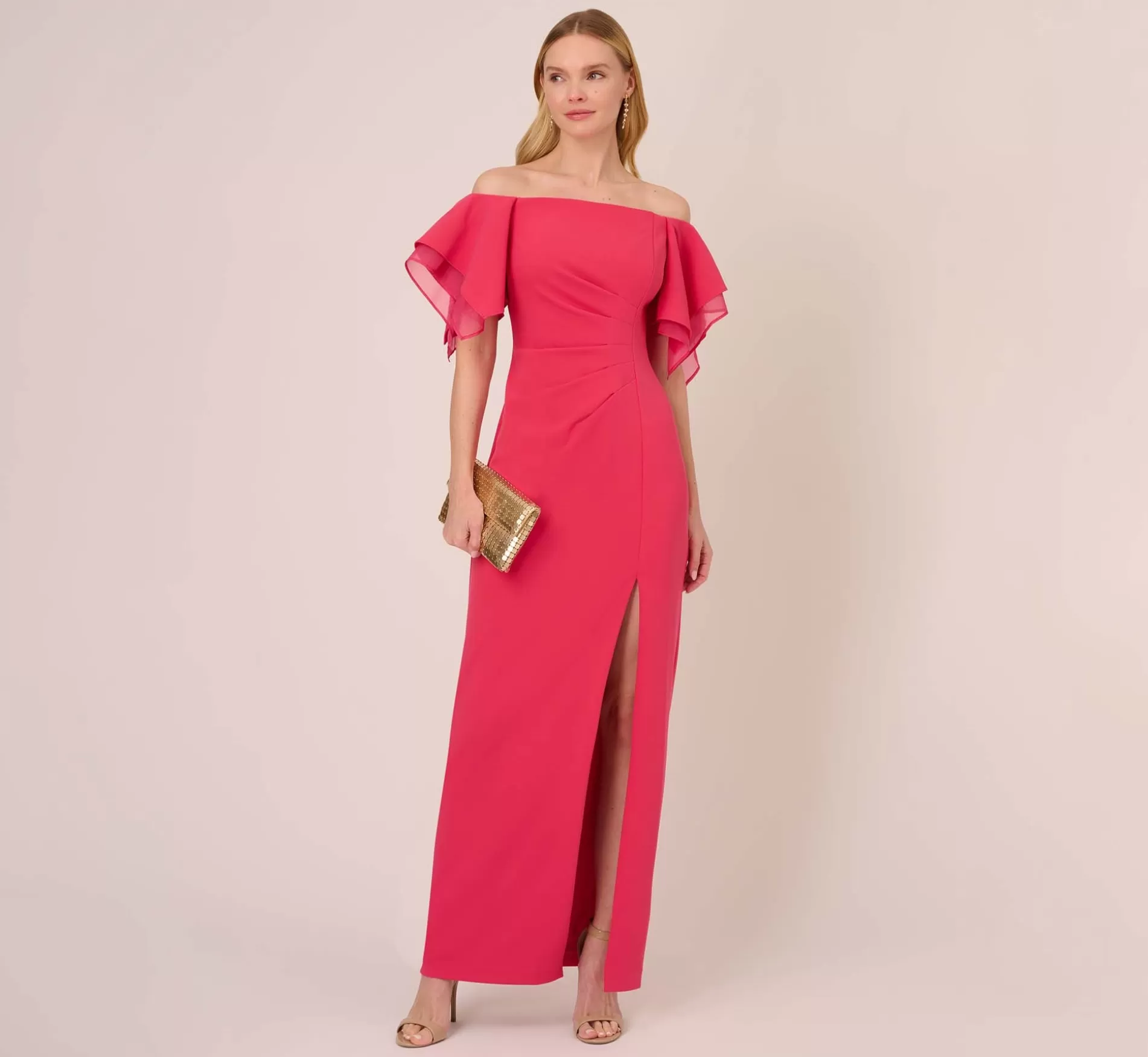 Cheap Knit Crepe And Organza Off The Shoulder Long Column Gown With Tiered Sleeves In Pink Lotus Long Dresses | Black Tie