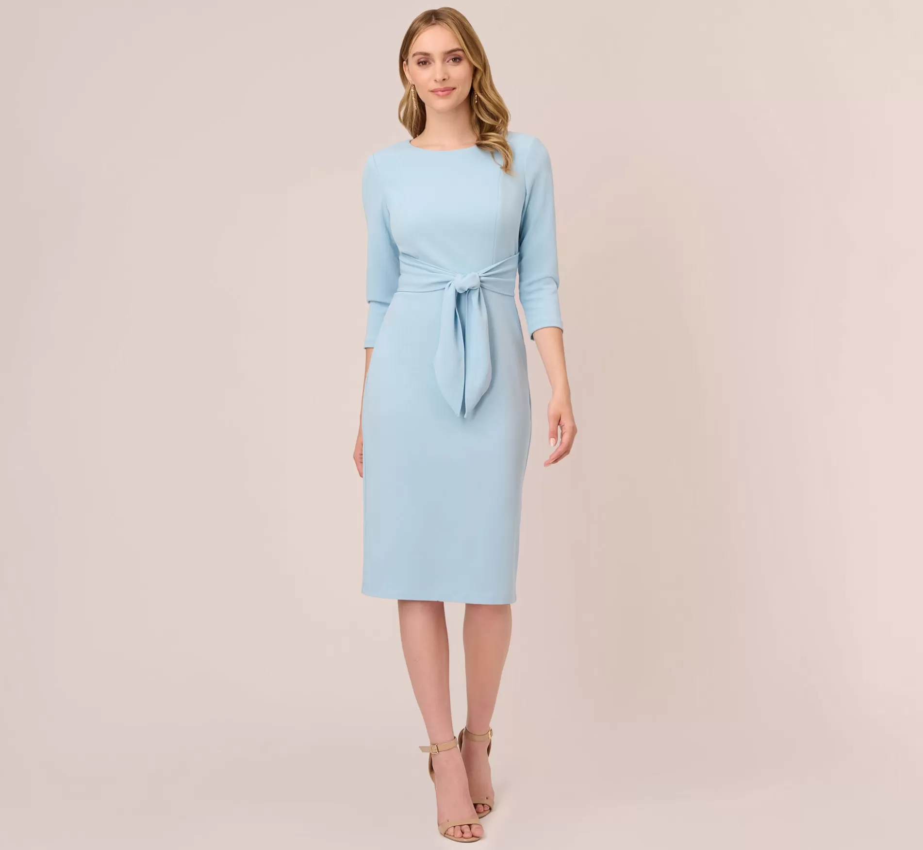 Cheap Knit Crepe Bow Sheath Dress With Three Quarter Sleeves In Blue Mist Best Sellers | Day Dresses