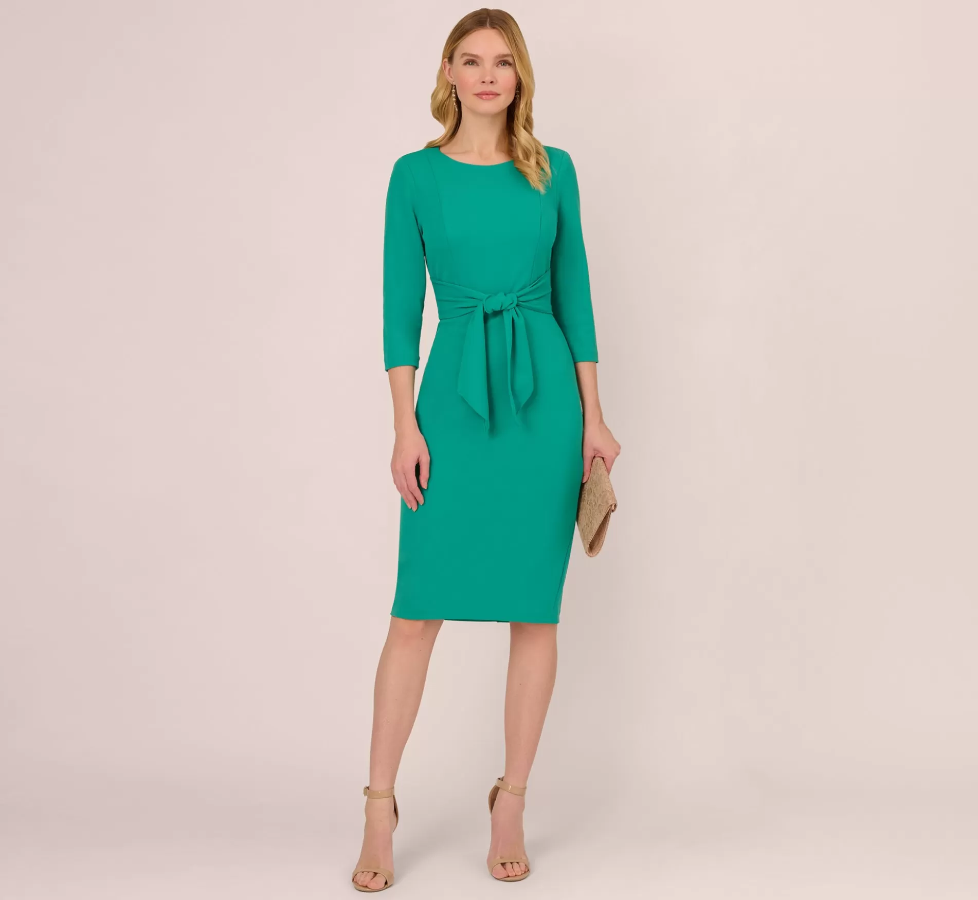 Best Knit Crepe Bow Sheath Dress With Three Quarter Sleeves In Botanic Green Formal | Day Dresses