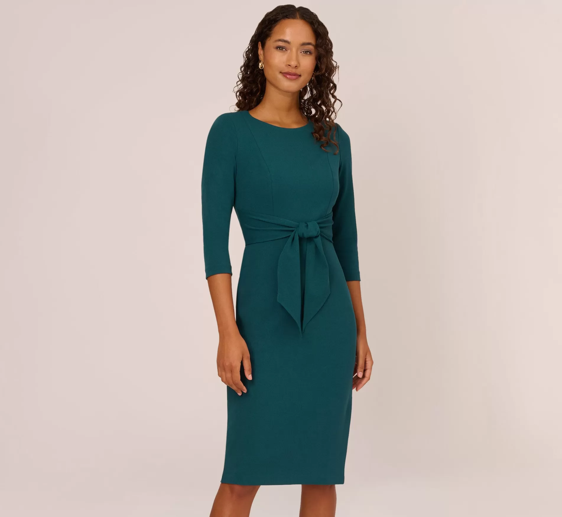 Best Knit Crepe Bow Sheath Dress With Three Quarter Sleeves In Hunter Best Sellers | Day Dresses