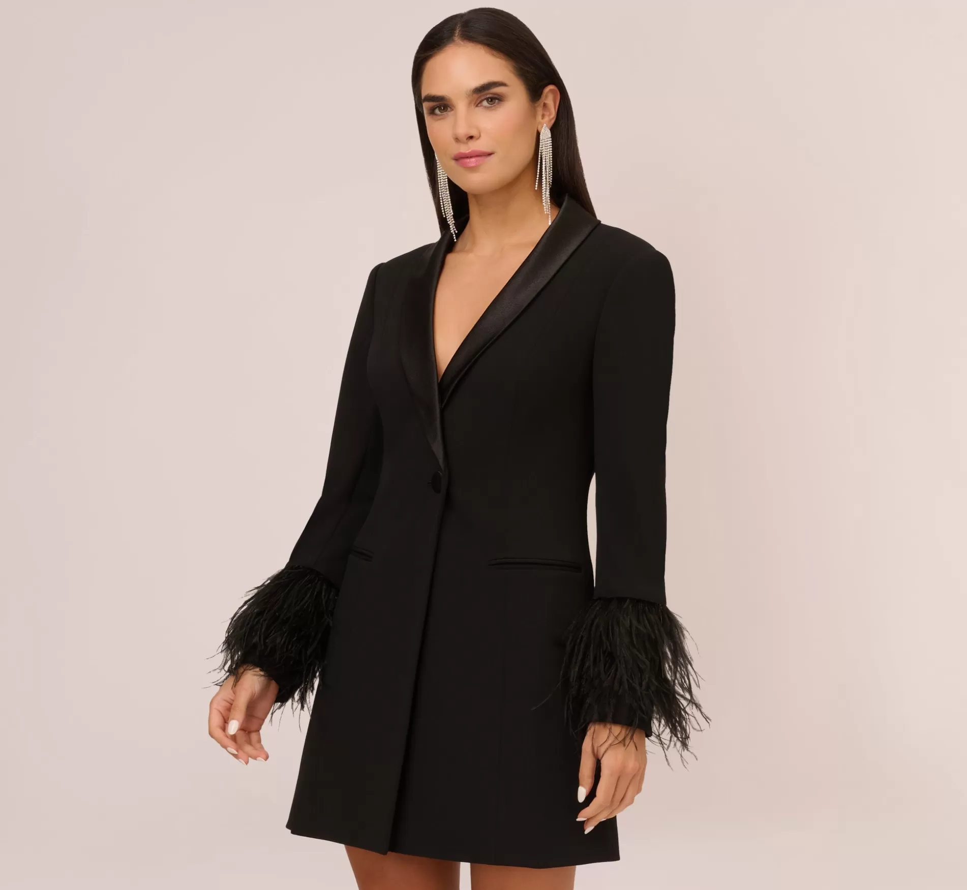 Clearance Knit Crepe Long Sleeve Blazer Dress With Feather Trim In Black Best Sellers | Short Dresses