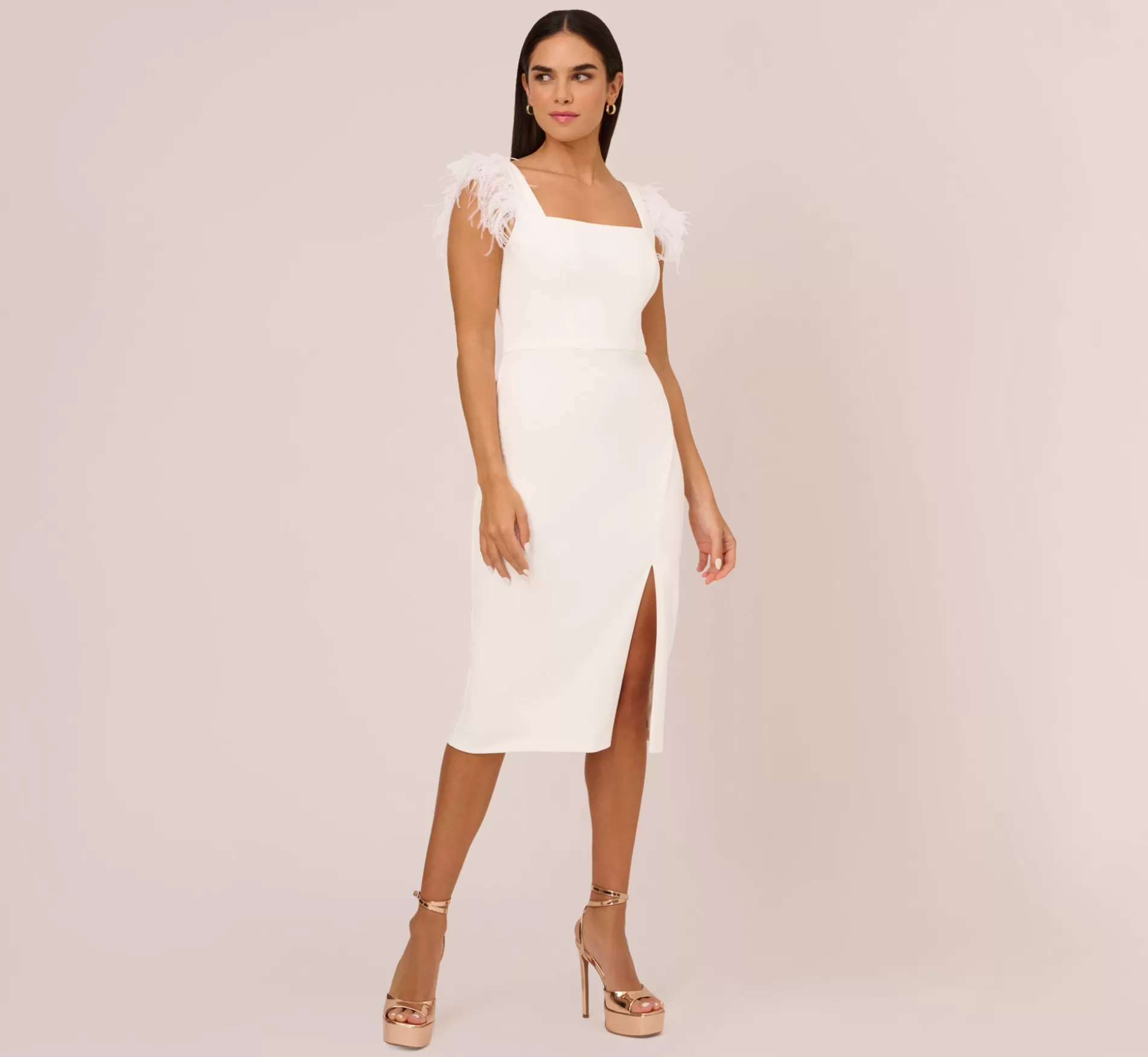 Outlet Knit Crepe Midi Dress With Feather Shoulder Accents In Ivory Little White Dresses | Midi Dresses