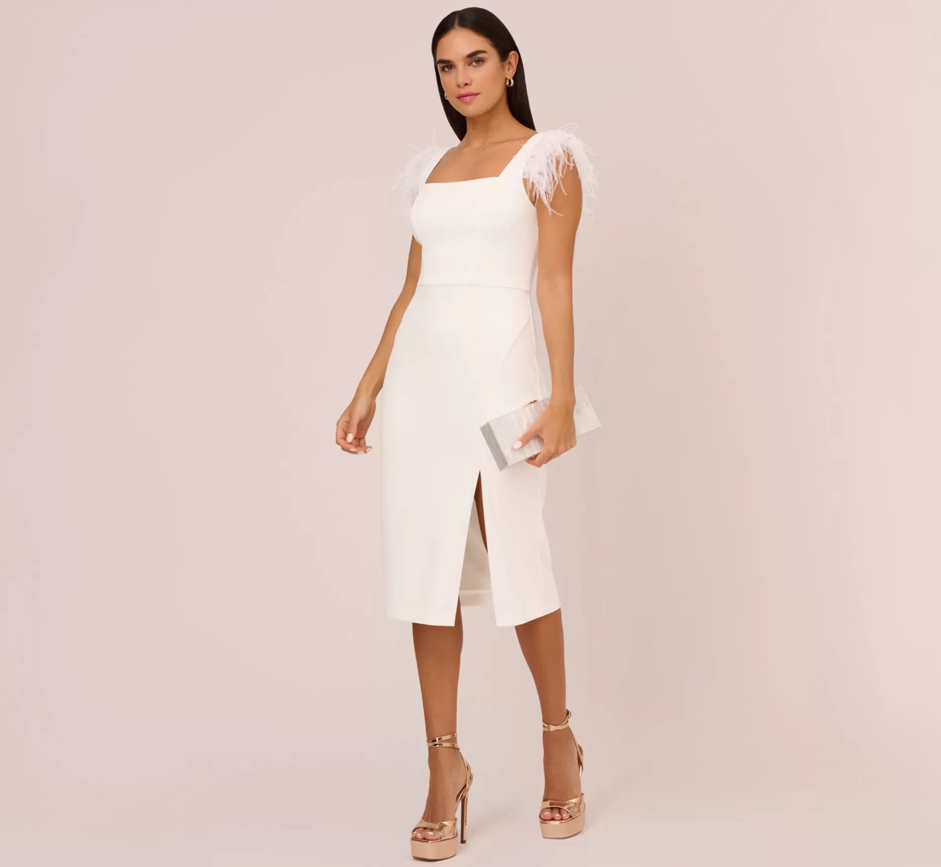 Outlet Knit Crepe Midi Dress With Feather Shoulder Accents In Ivory Little White Dresses | Midi Dresses
