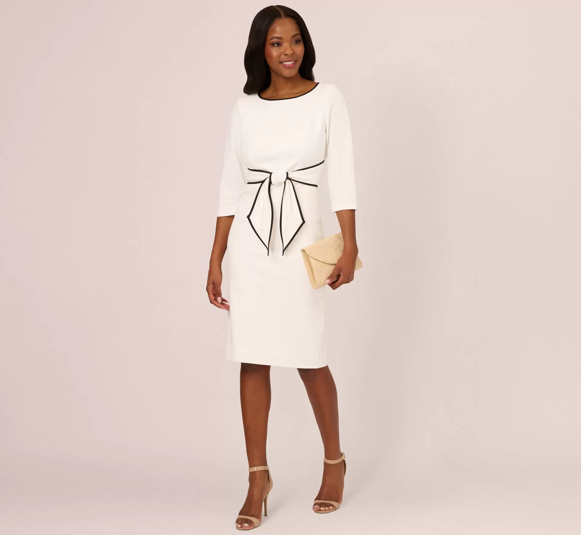 Discount Knit Crepe Tie Dress In Ivory Black Little White Dresses | Formal