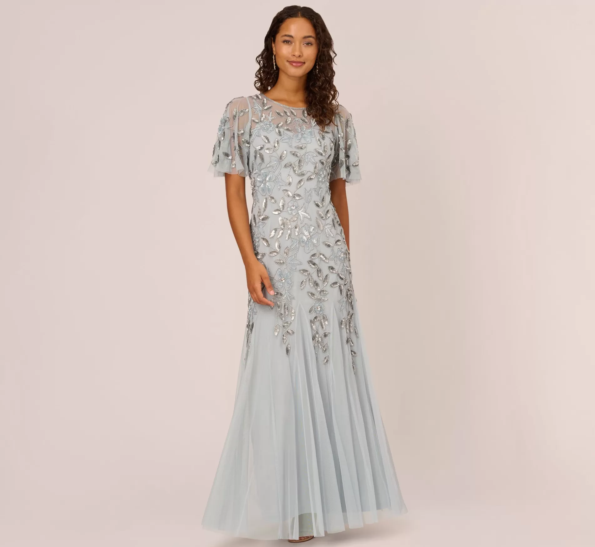 Cheap Long Floral Beaded Gown With Flutter Sleeves In Blue Heather Long Dresses | Beaded
