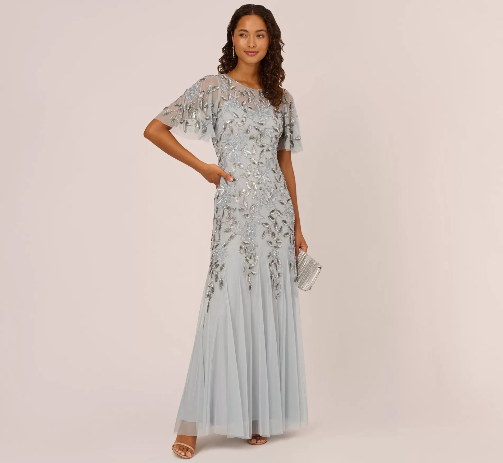 Cheap Long Floral Beaded Gown With Flutter Sleeves In Blue Heather Long Dresses | Beaded