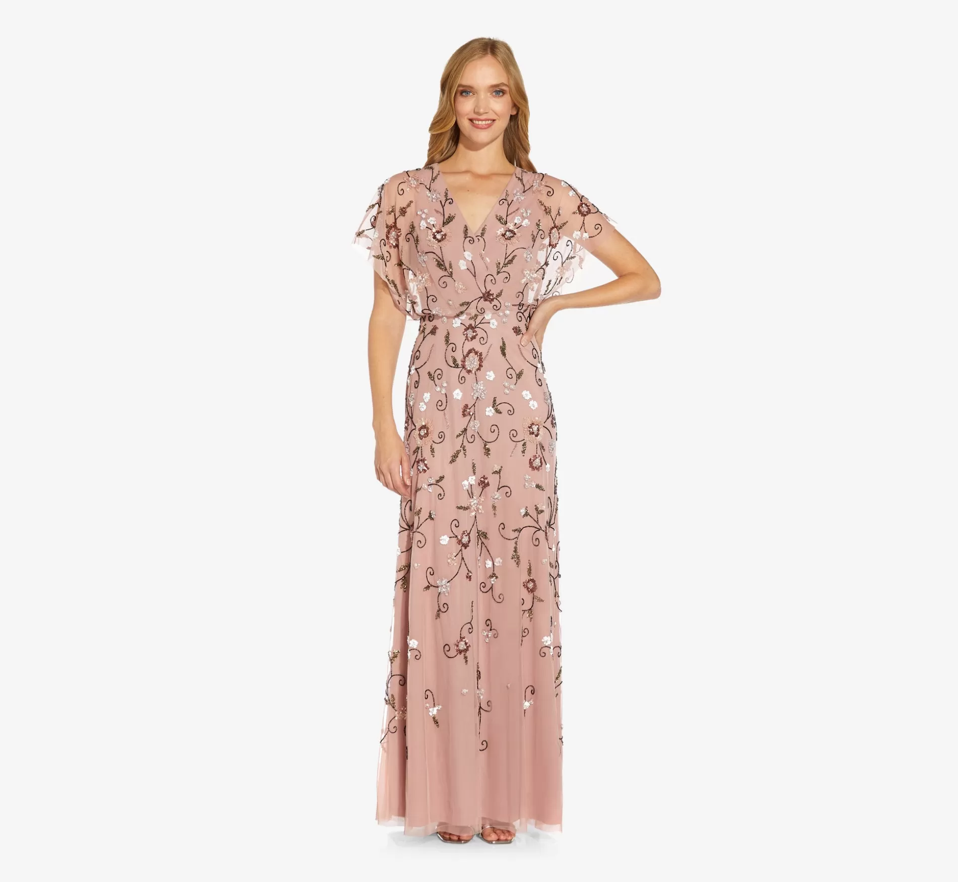 Fashion Long Hand Beaded Flutter Sleeve Blouson Gown In Candied Ginger Long Dresses | Beaded