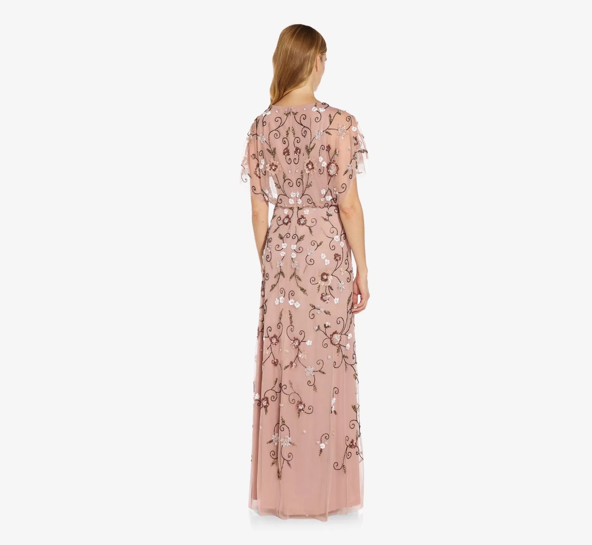 Fashion Long Hand Beaded Flutter Sleeve Blouson Gown In Candied Ginger Long Dresses | Beaded