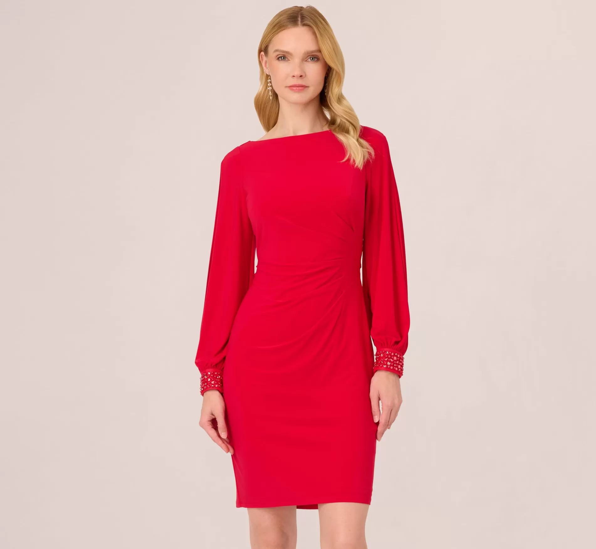 Hot Long Sleeve Draped Jersey Dress With Beaded Cuffs In Hot Ruby Dresses with Sleeves | Day Dresses