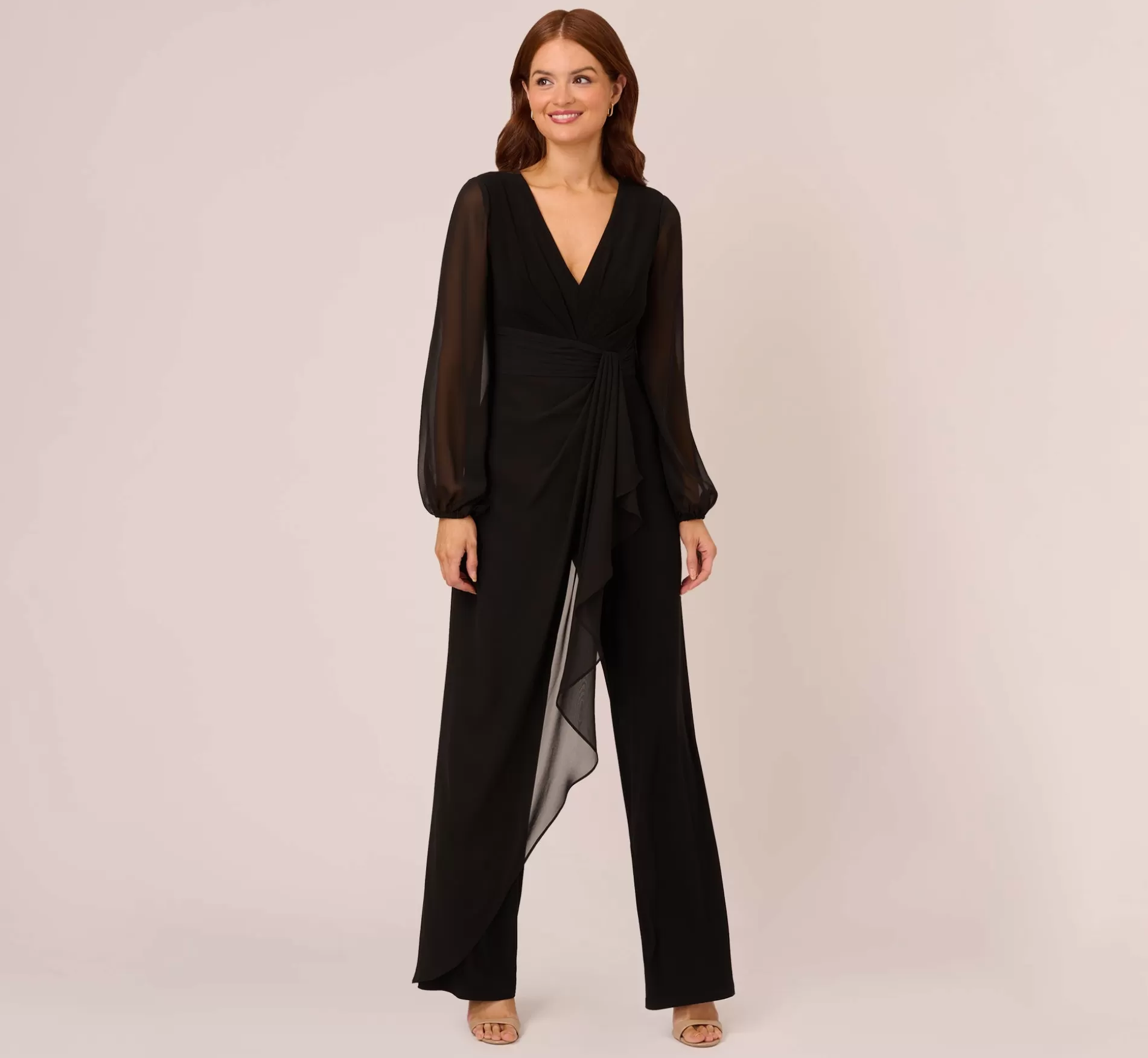 Flash Sale Long Sleeve Jersey Jumpsuit With Chiffon Details In Black Best Sellers | Dresses with Sleeves