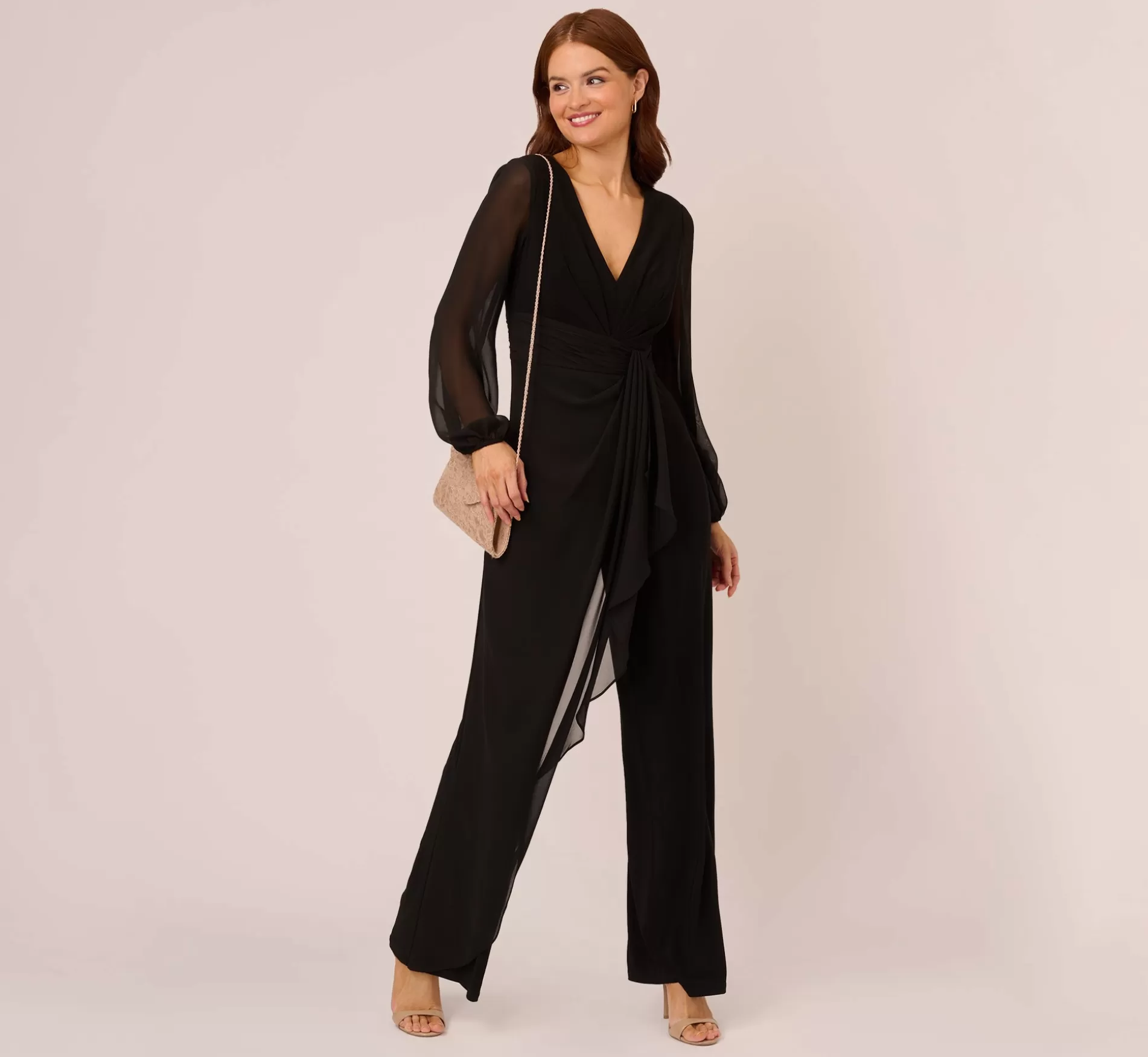 Flash Sale Long Sleeve Jersey Jumpsuit With Chiffon Details In Black Best Sellers | Dresses with Sleeves