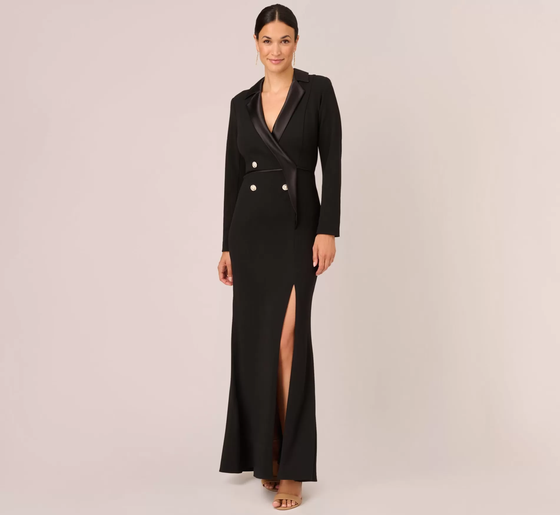 Flash Sale Long Sleeve Tuxedo Gown With Jeweled Buttons In Black Best Sellers | Black Tie