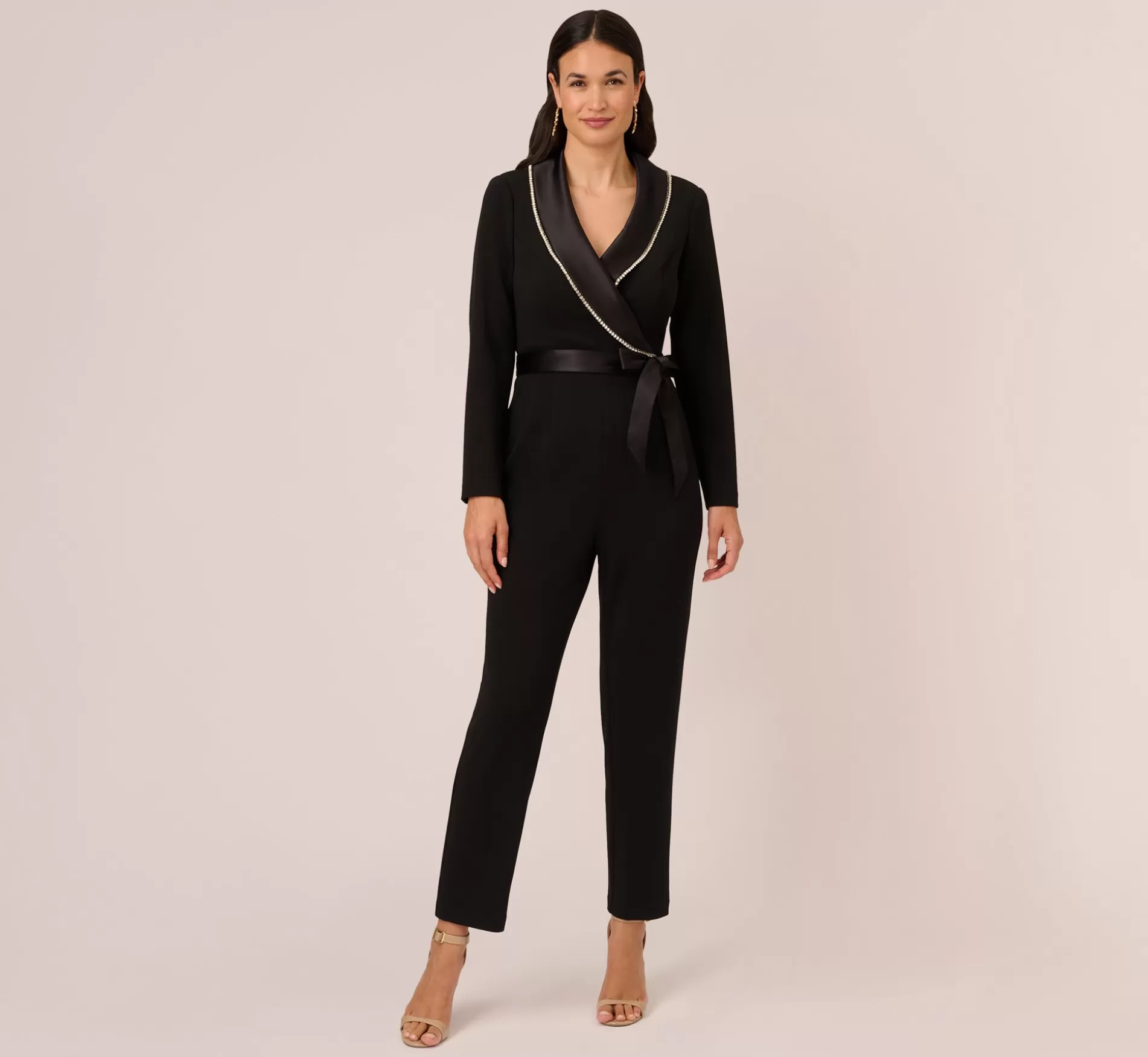 Flash Sale Long Sleeve Tuxedo Jumpsuit With Crystal Trim In Black Jumpsuits | Black Tie