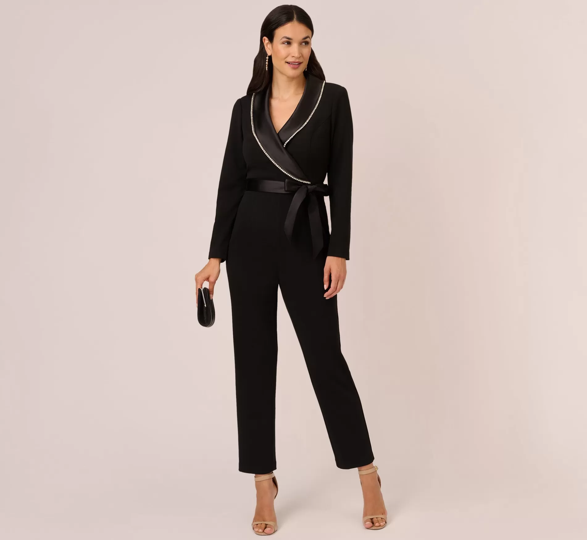 Flash Sale Long Sleeve Tuxedo Jumpsuit With Crystal Trim In Black Jumpsuits | Black Tie